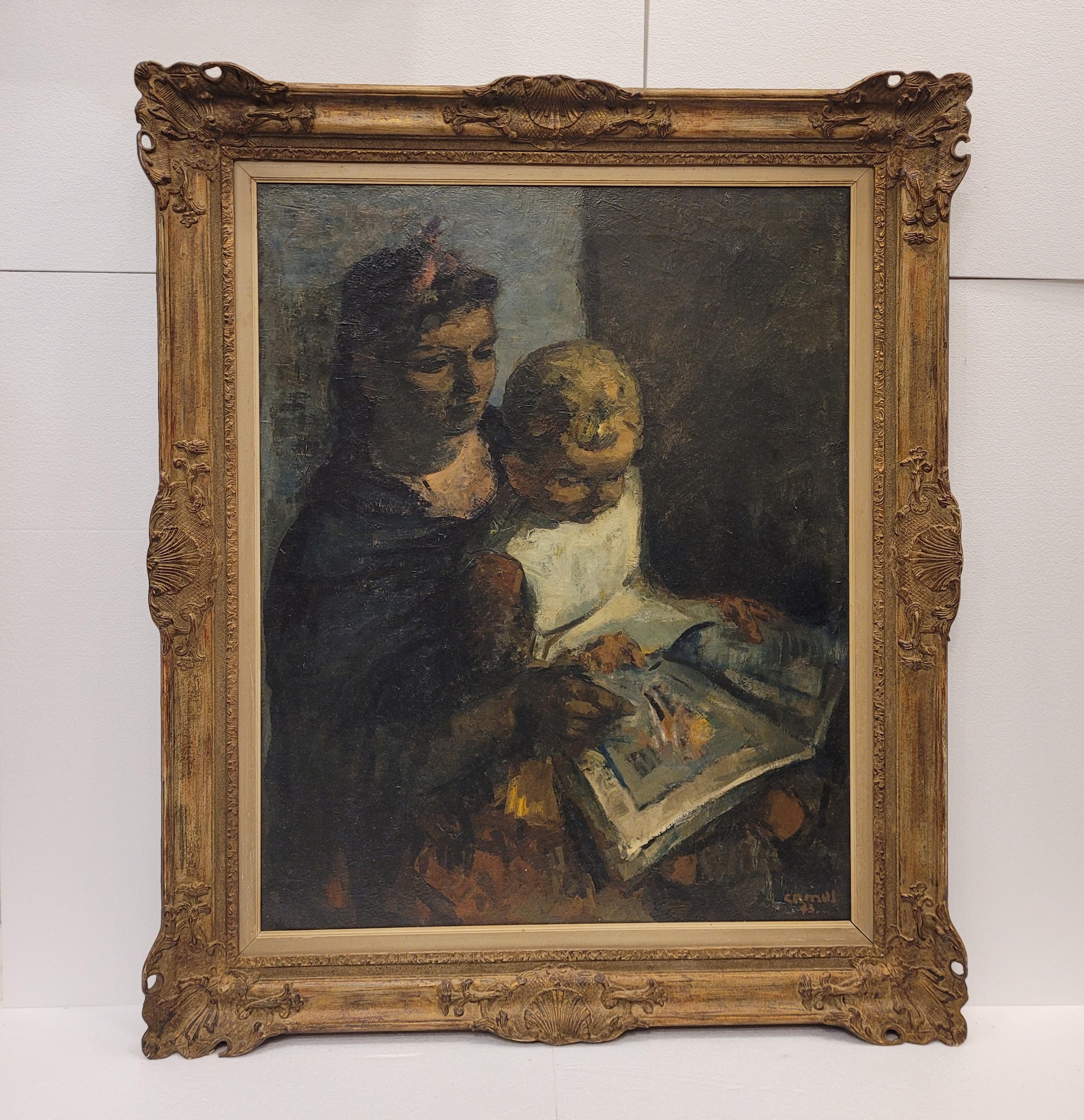 Expressionist Belgian expressionist painting “Teaching to read”, Gustave Camus, 43 signed For Sale