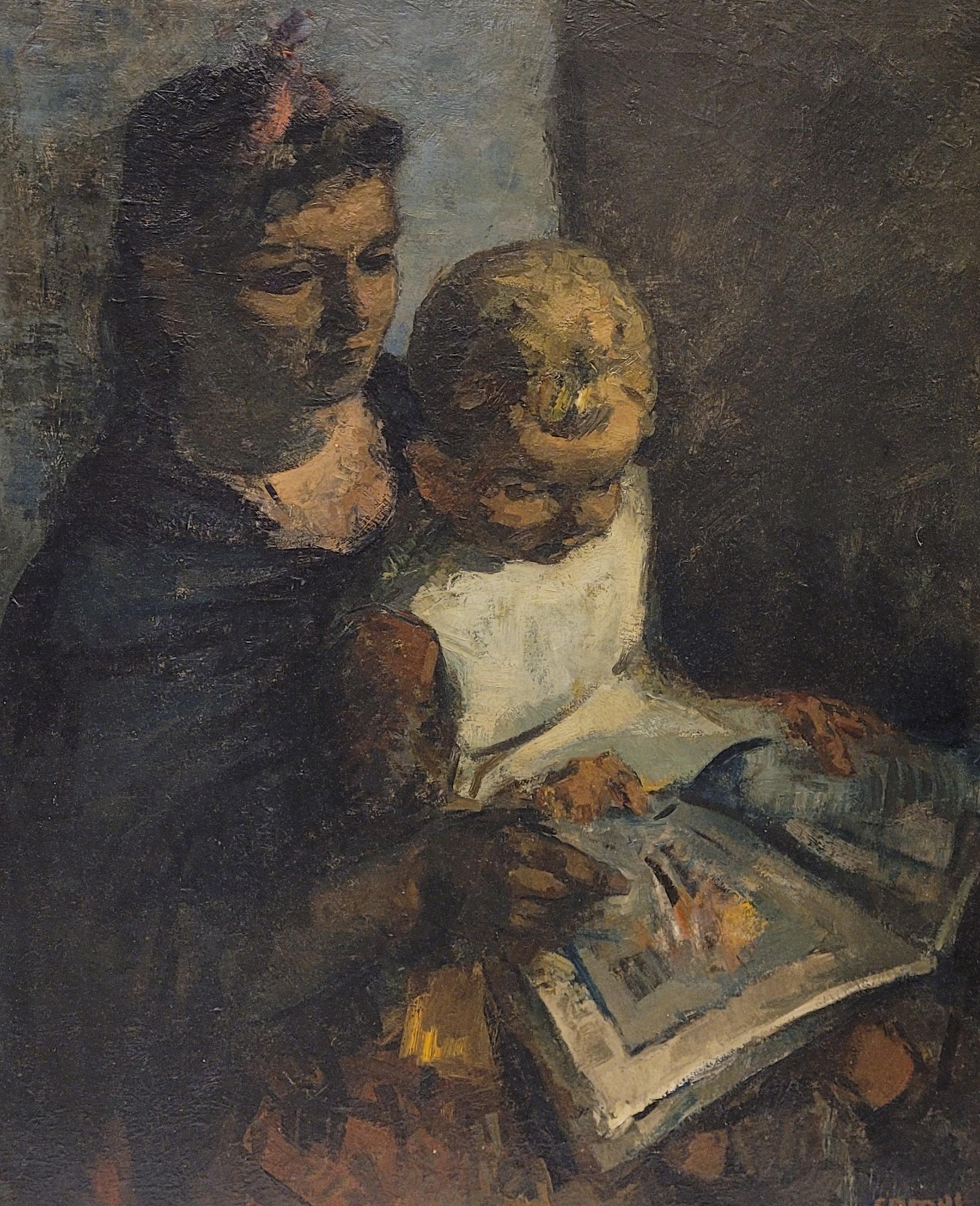Français Peinture expressionniste belge Enseignant à lire, Gustave Camus, 43 signé