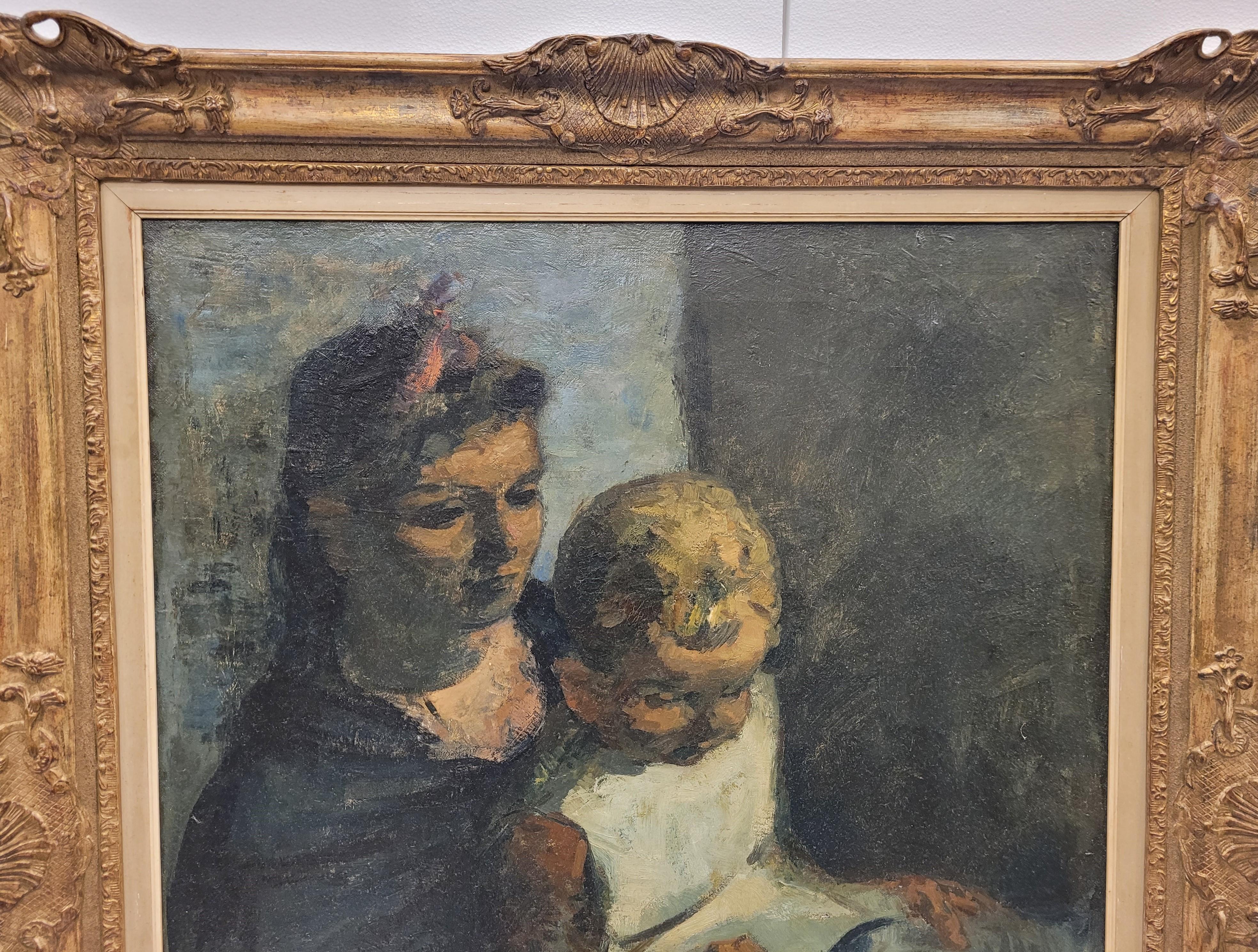 Hand-Painted Belgian expressionist painting “Teaching to read”, Gustave Camus, 43 signed For Sale