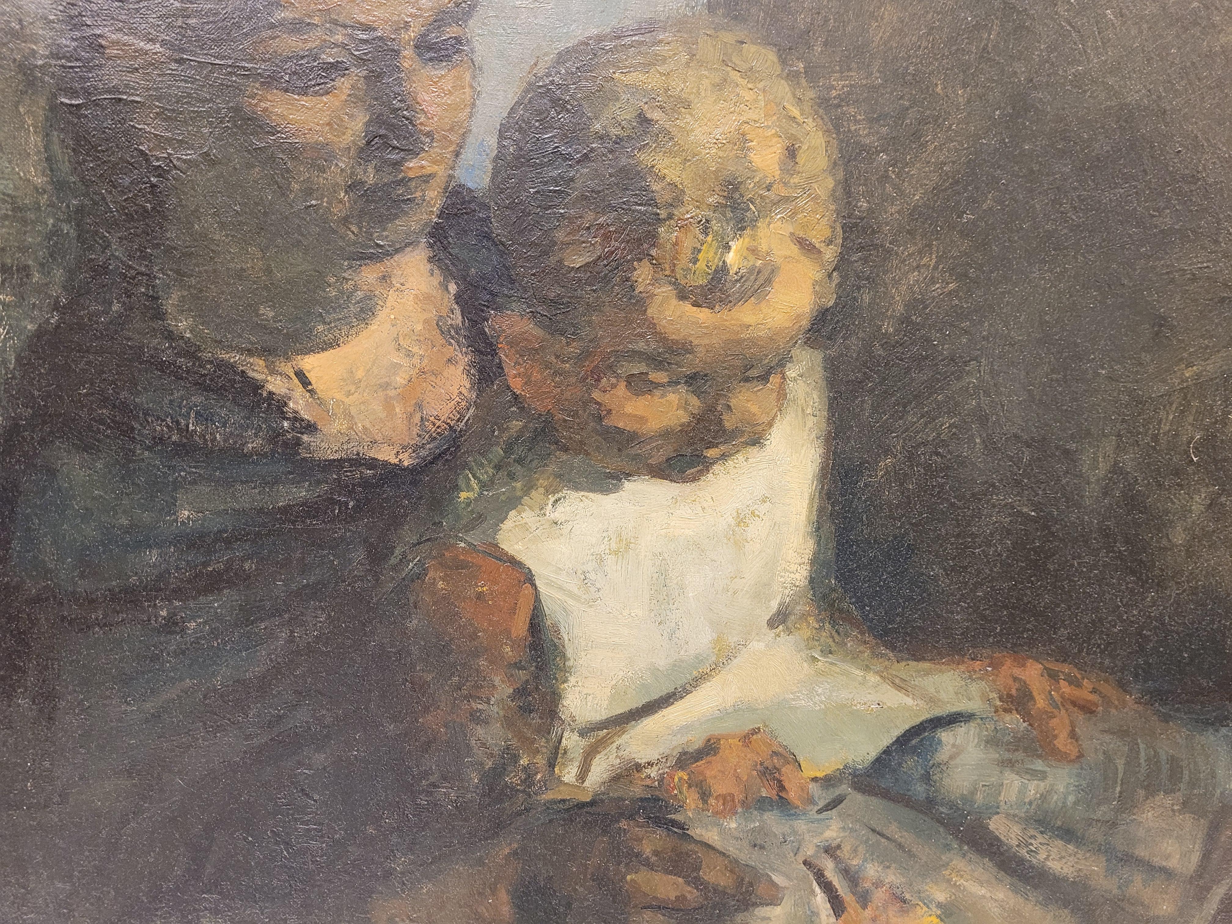 Belgisches expressionistisches Gemälde Lehren zum Lesen, Gustave Camus, 43, signiert (Leinwand) im Angebot