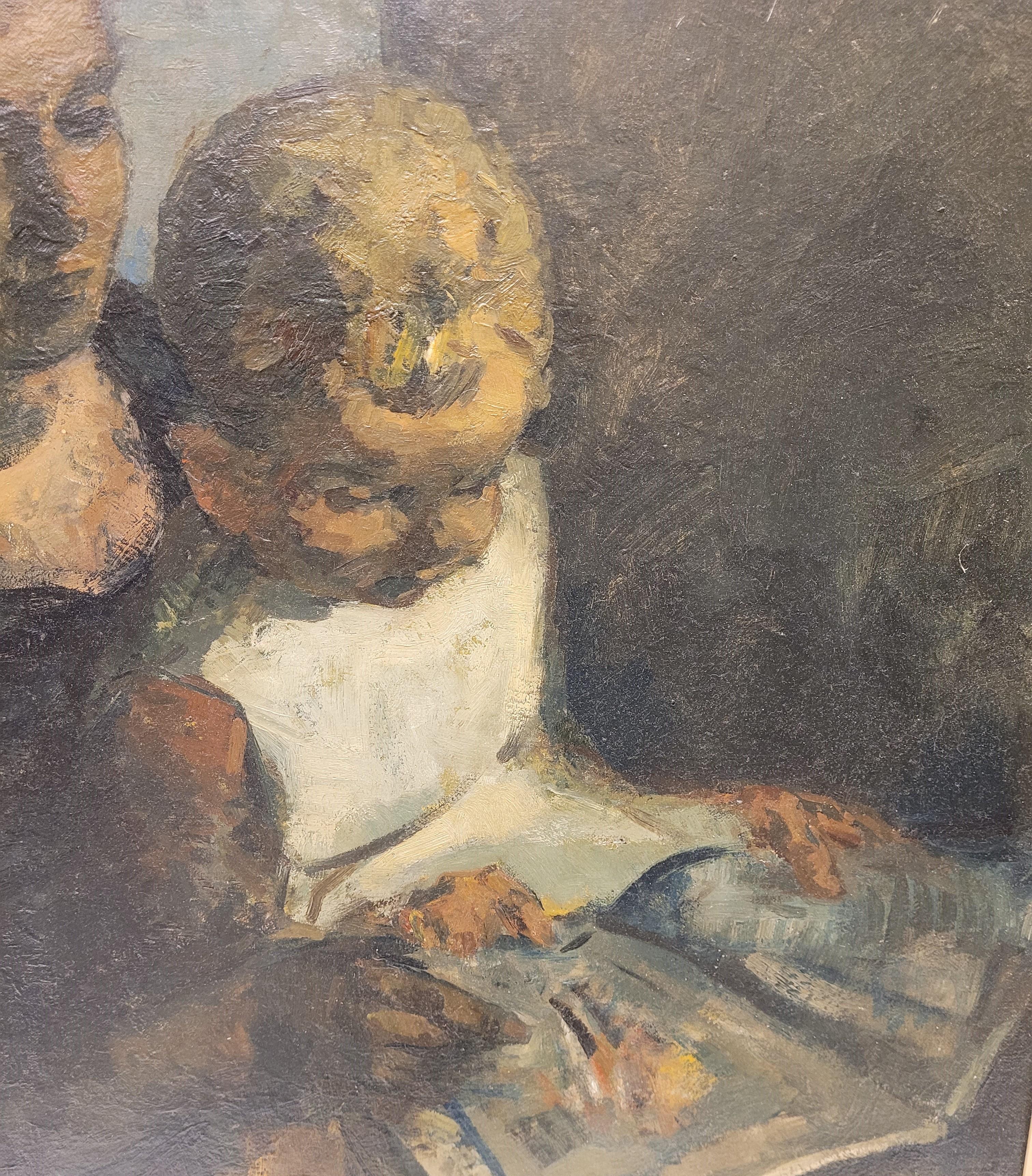 Belgisches expressionistisches Gemälde Lehren zum Lesen, Gustave Camus, 43, signiert im Angebot 1
