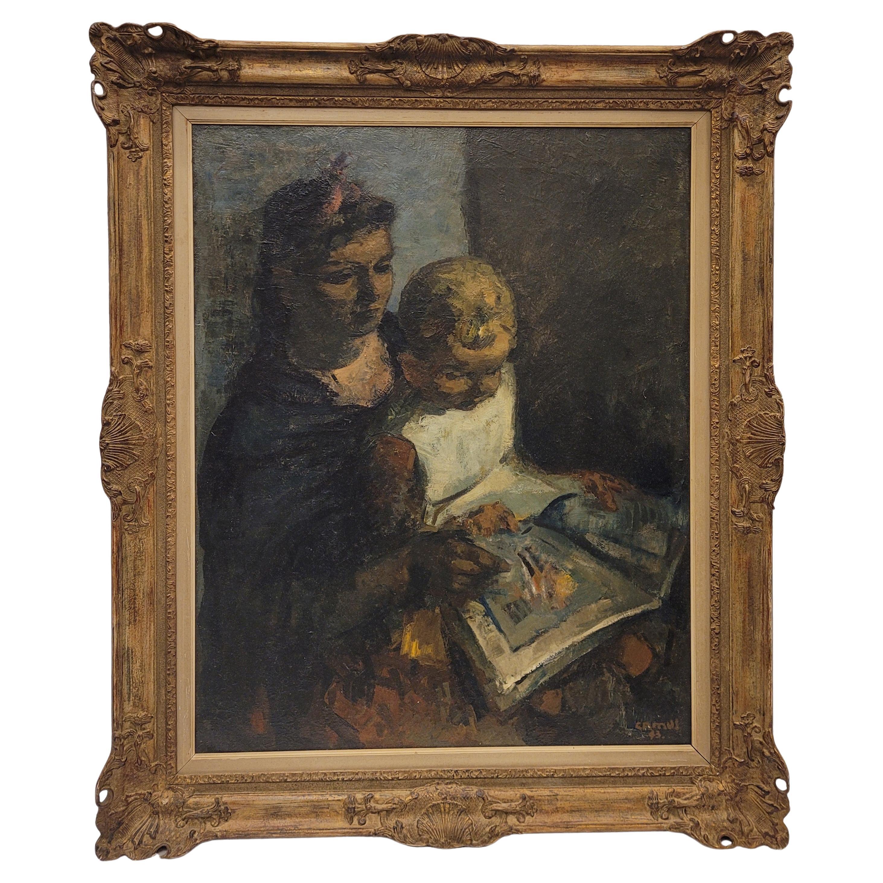 Belgian expressionist painting “Teaching to read��”, Gustave Camus, 43 signed