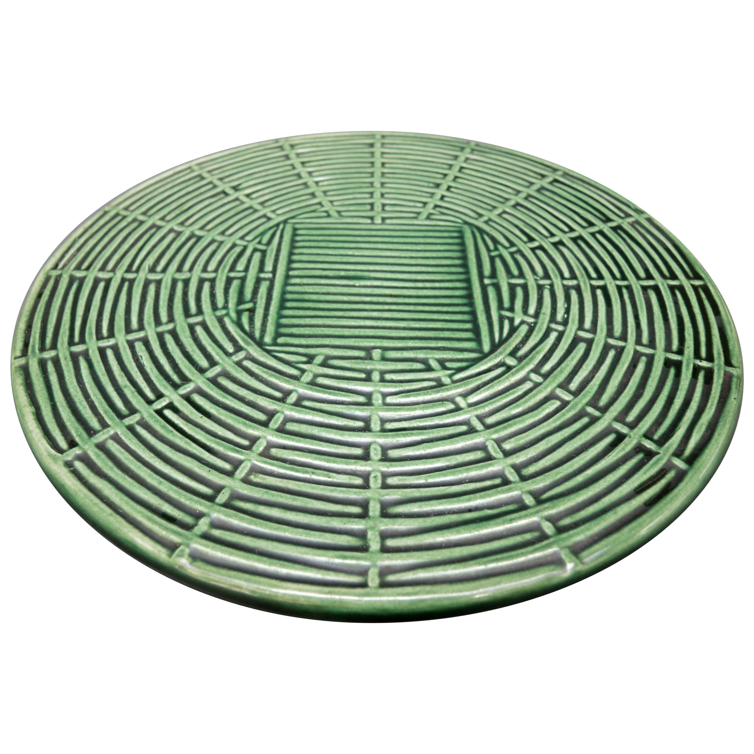Belgian Faience Green Glazed Cheese or Tart Serving Plate in a Woven Form For Sale