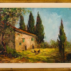 Belgian Farmhouse Hens Landscape Oil Painting Signed