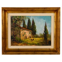 Belgian Farmhouse Hens Landscape Oil Painting Signed