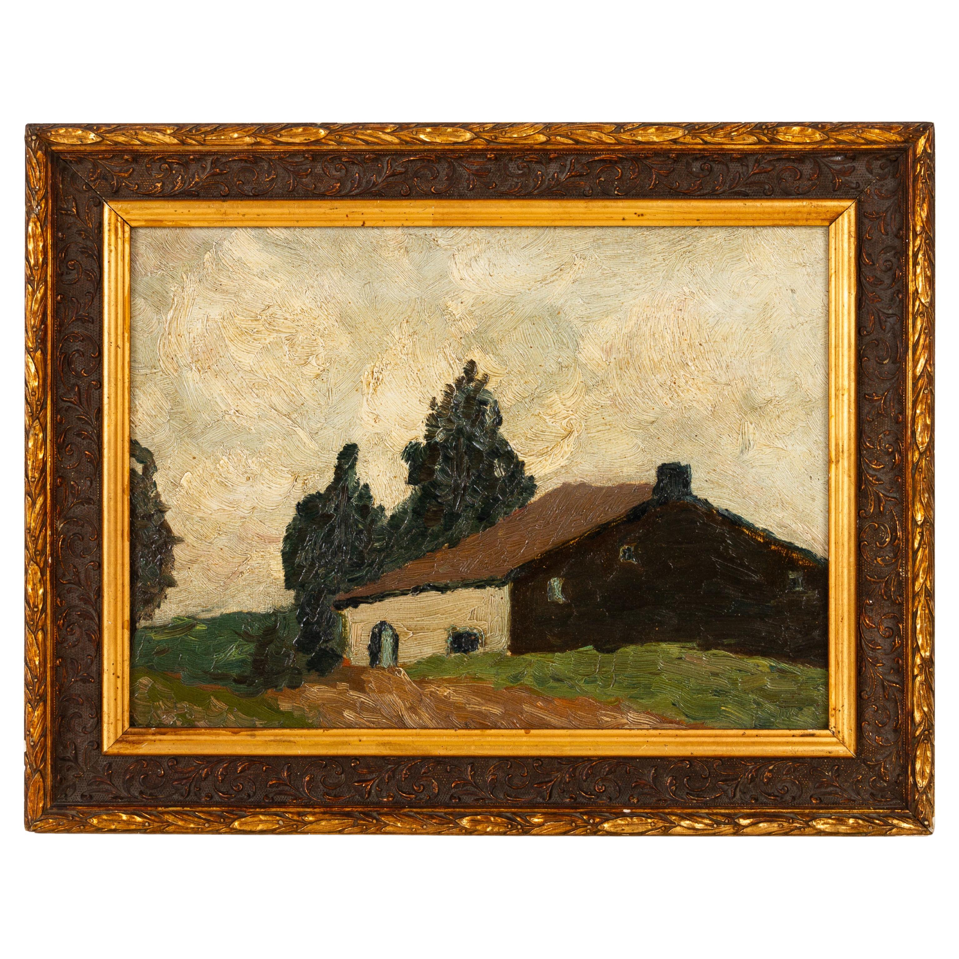 Peinture à l'huile belge d'un paysage de ferme, début du 20e siècle