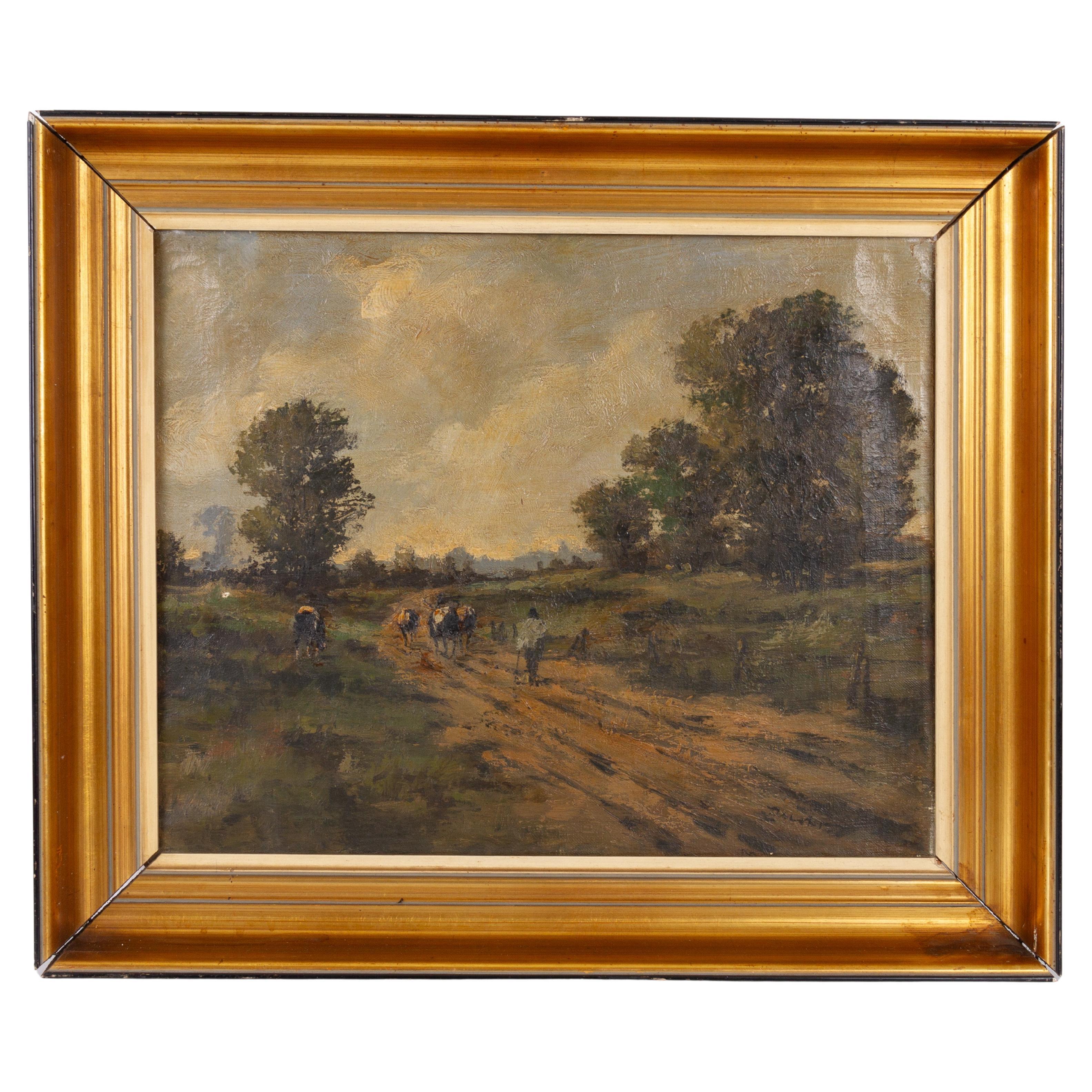 Belgian Farming Landscape Oil Painting 19th Century 