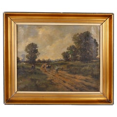 Antique Belgian Farming Landscape Oil Painting 19th Century 