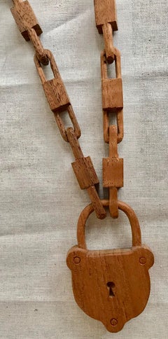 Belgian Folk Art Carved Wood Chain and Lock, circa 1940