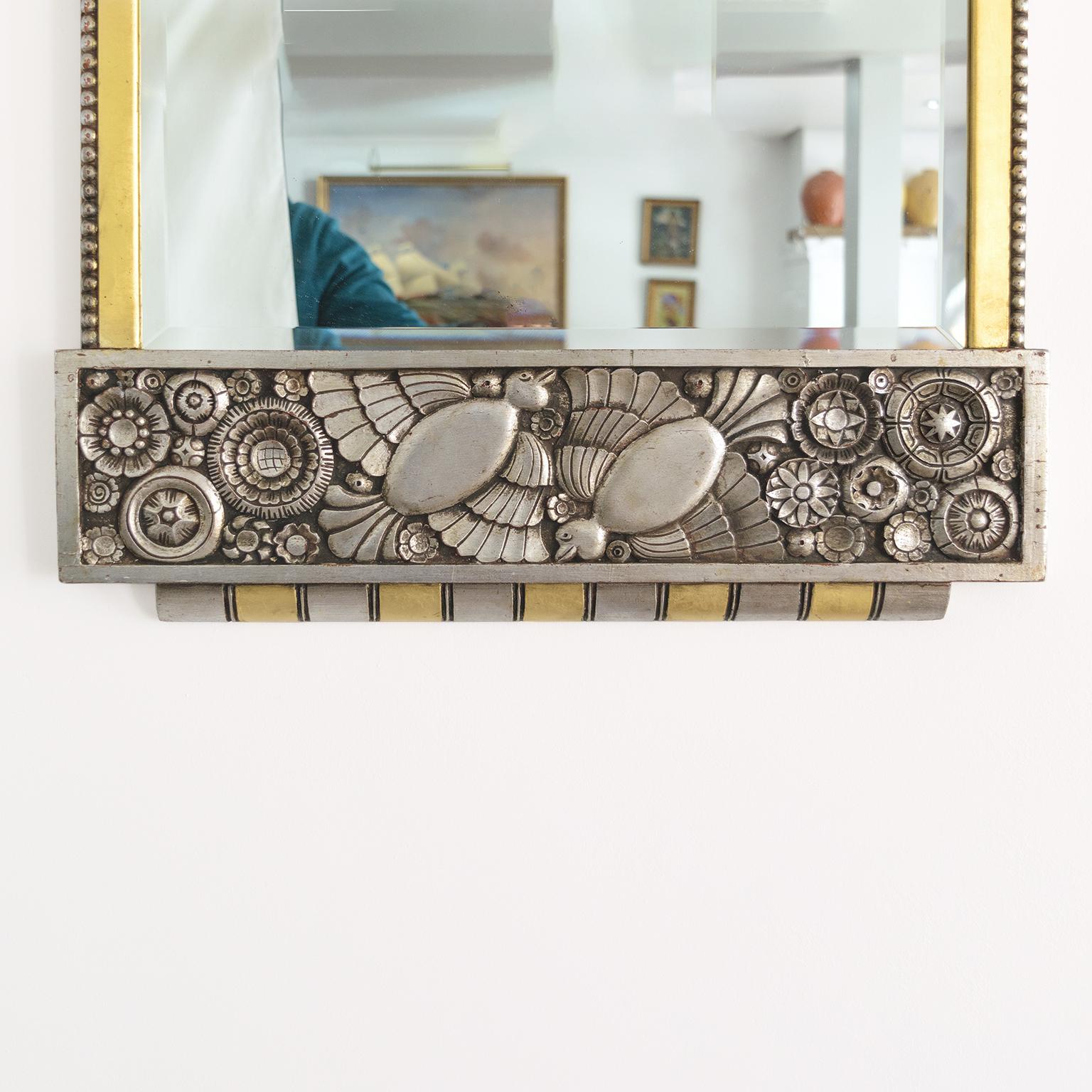 20th Century Belgian Gilt and Silver Leaf Wood, Art Deco Mirror with a Richly Detailed Frieze For Sale