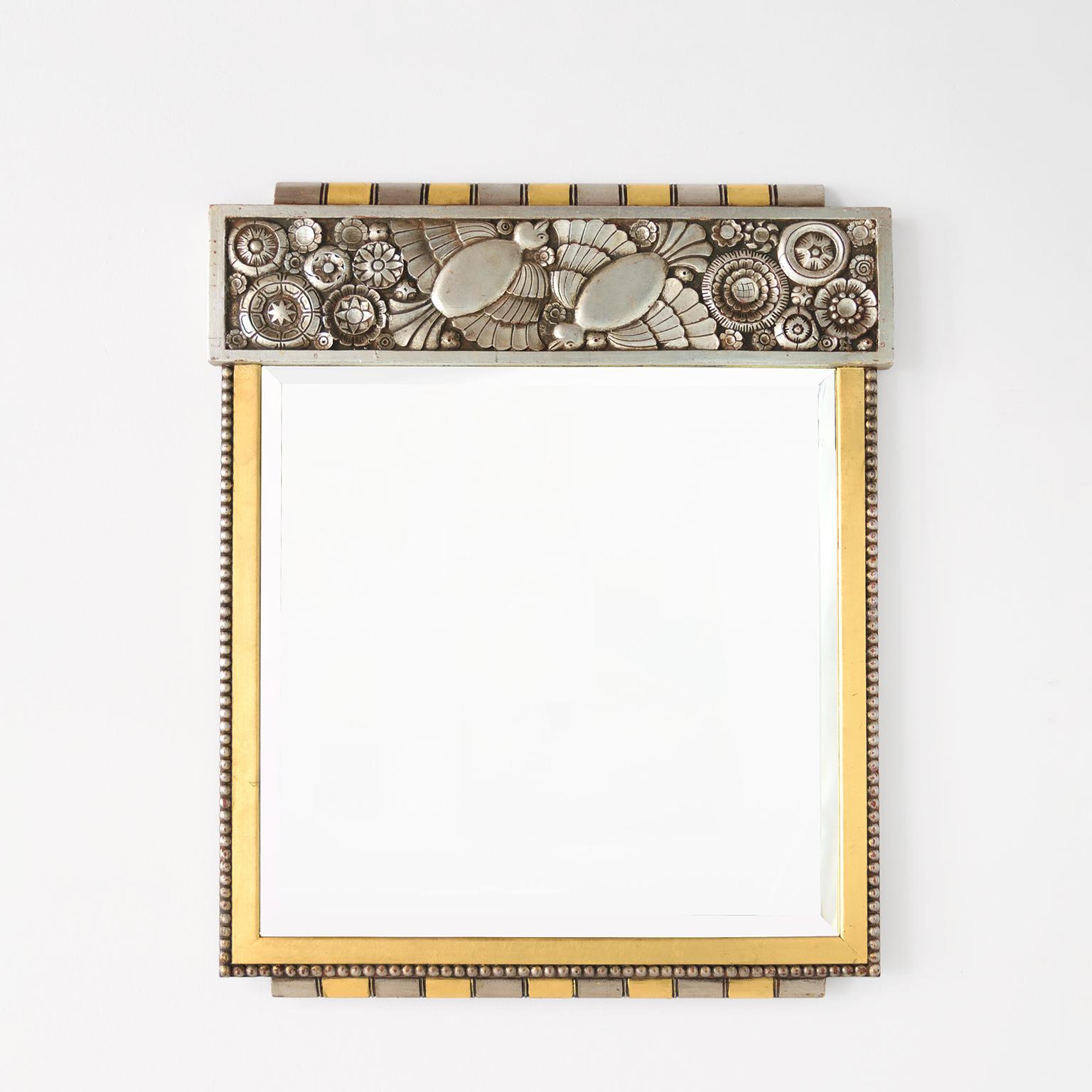 Belgian Gilt and Silver Leaf Wood, Art Deco Mirror with a Richly Detailed Frieze For Sale 4