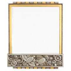 Antique Belgian Gilt and Silver Leaf Wood, Art Deco Mirror with a Richly Detailed Frieze