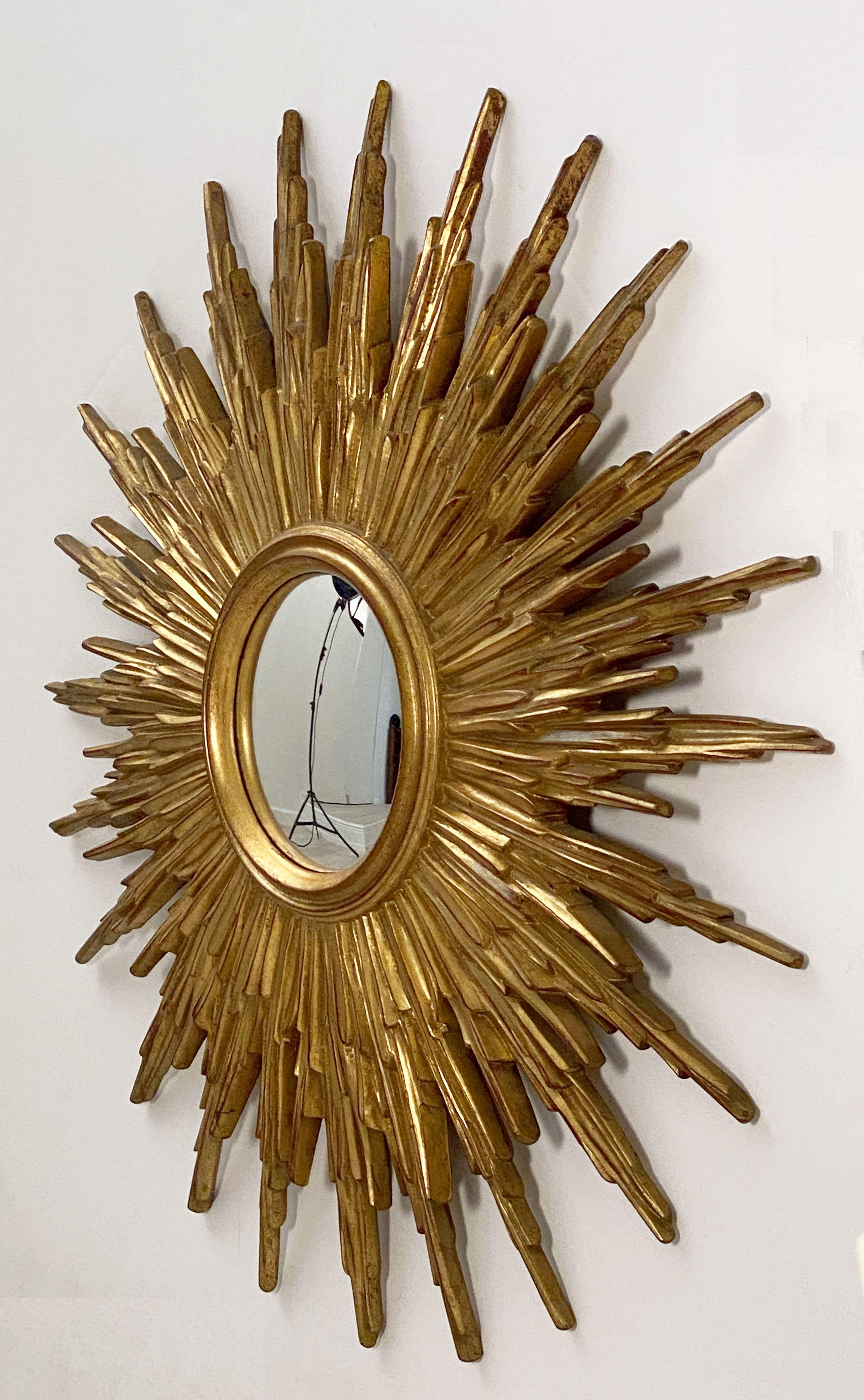 Mid-Century Modern Belgian Gilt Sunburst or Starburst Convex Mirror (Diameter 31 1/2)