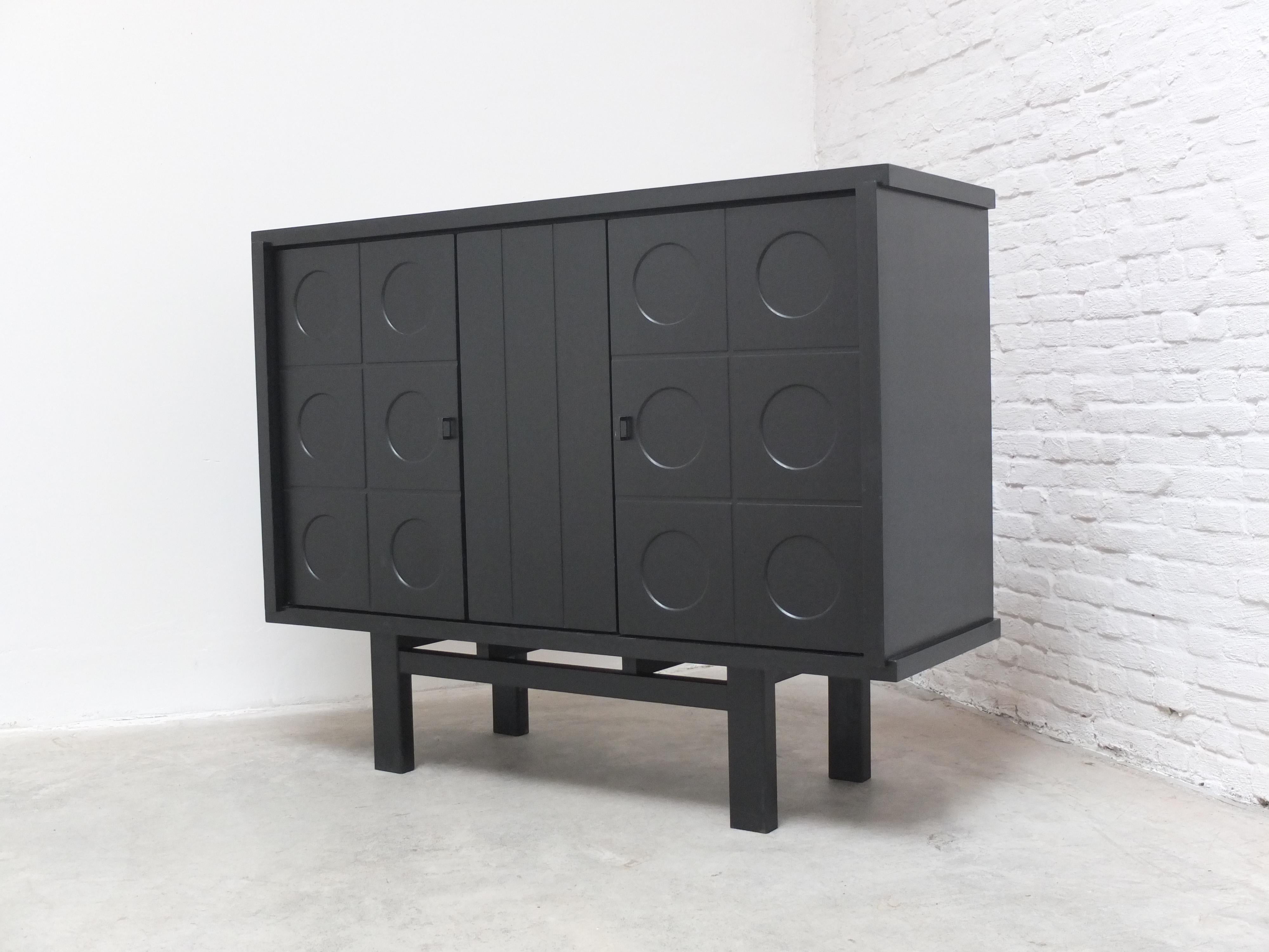 Brutalist Belgian Graphical Cabinet in Black Stained Oak, 1970s For Sale