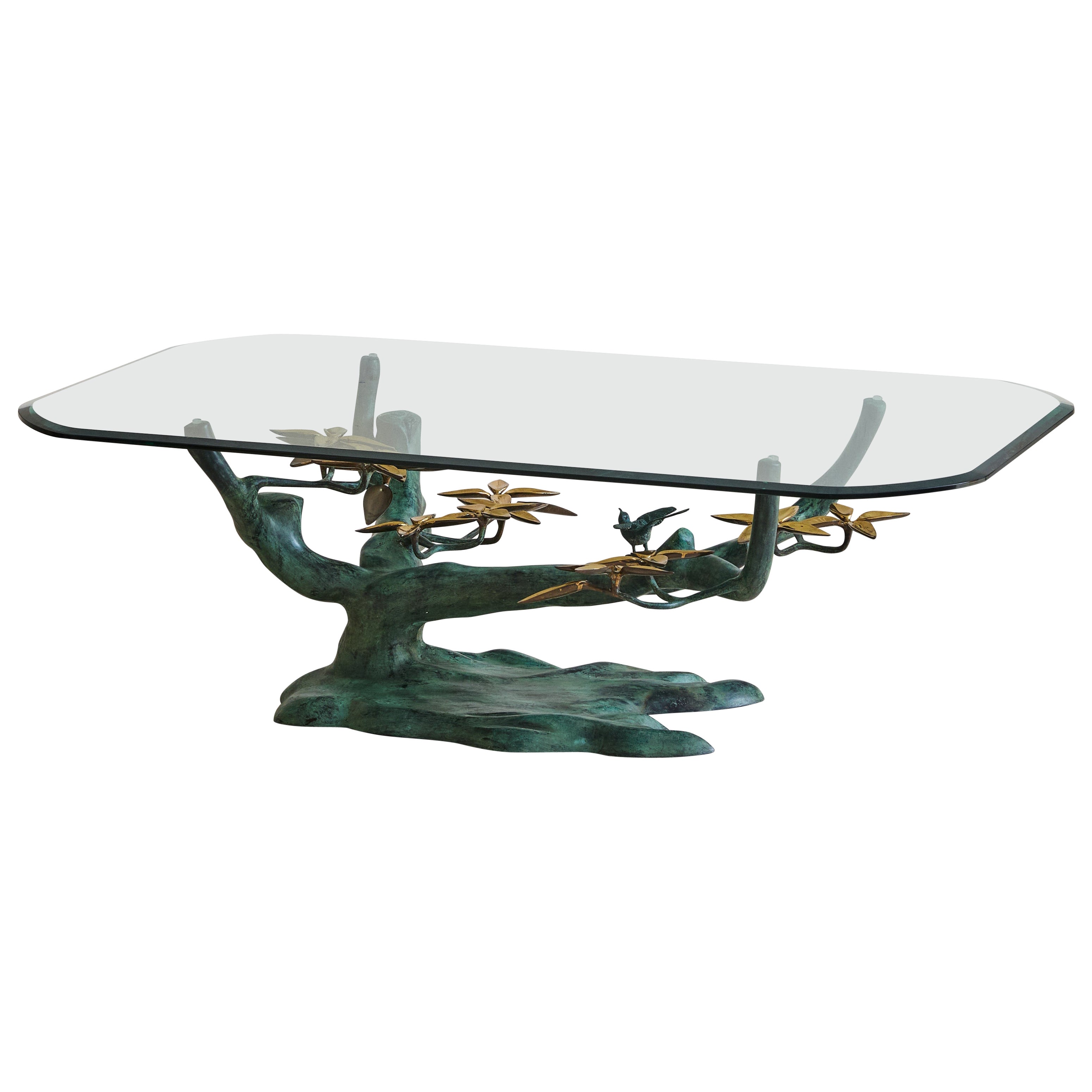 Belgian Green Bonsai Coffee Table with Brass Accents by Willy Daro, 1970s