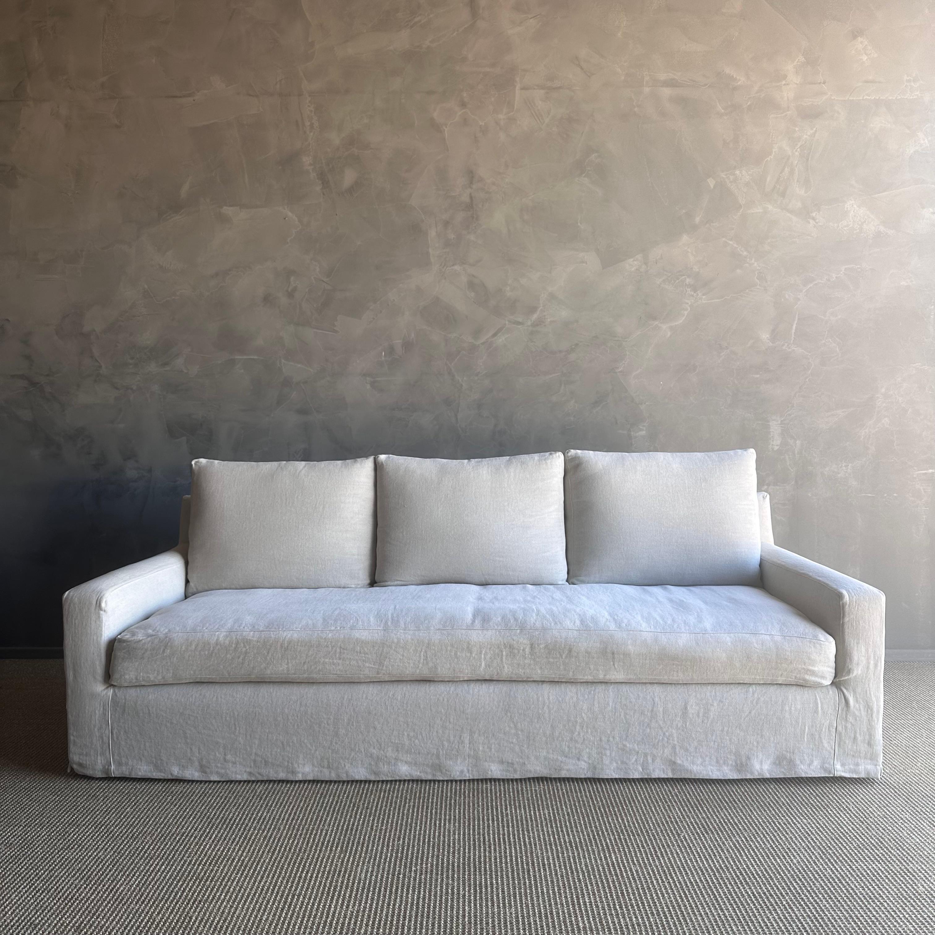 Belgian Greige Linen Slip Covered Square Arm Sofa with Down Cushions 4