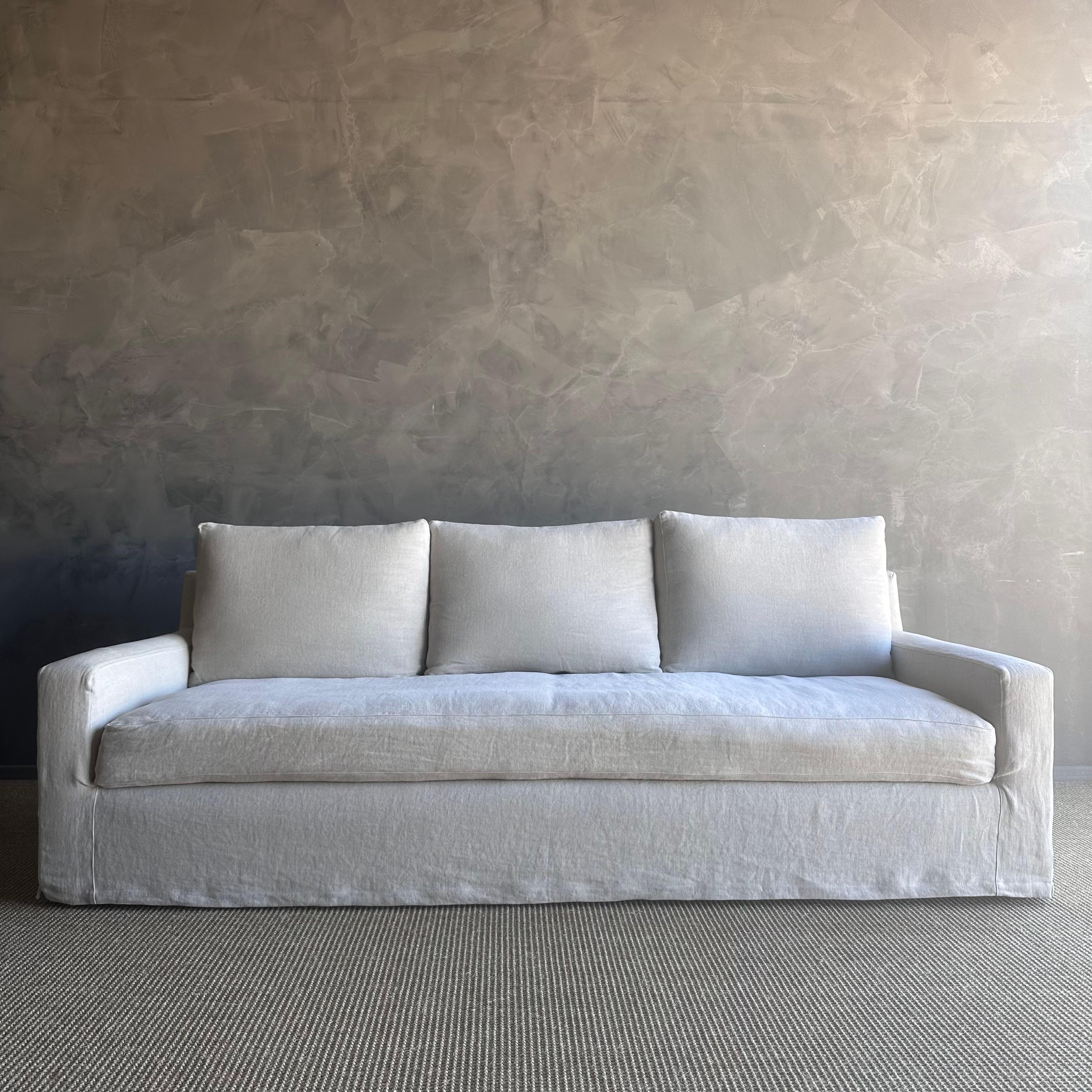 Organic Modern Belgian Greige Linen Slip Covered Square Arm Sofa with Down Cushions