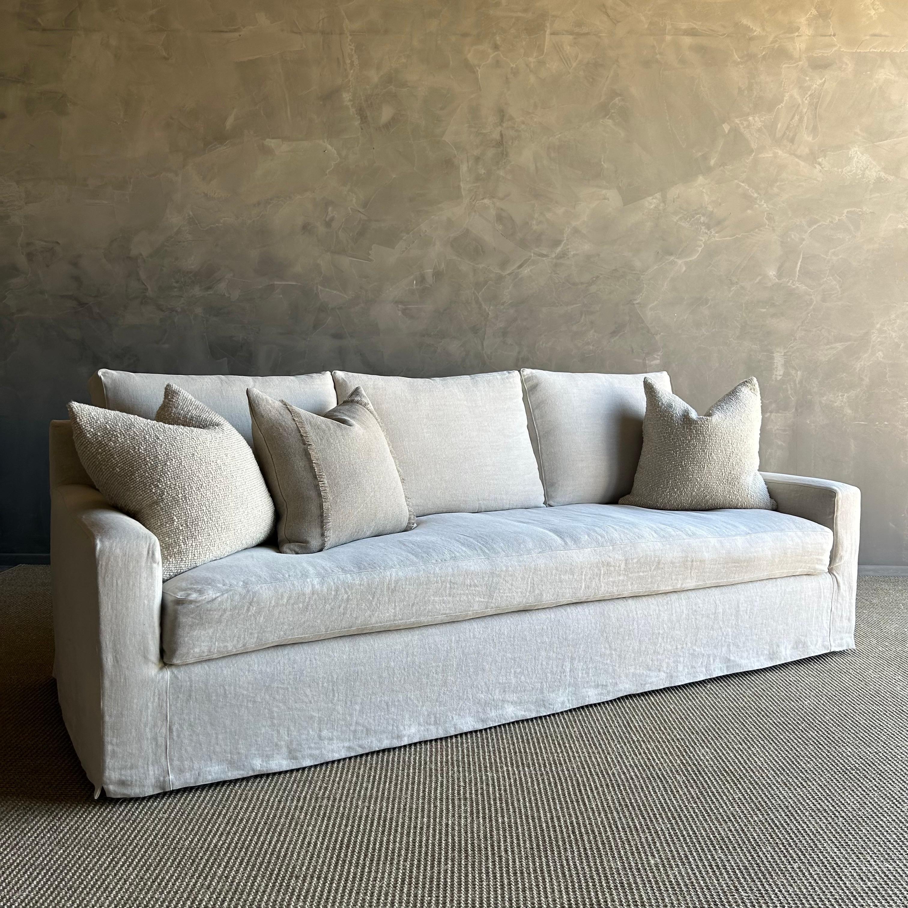 American Belgian Greige Linen Slip Covered Square Arm Sofa with Down Cushions