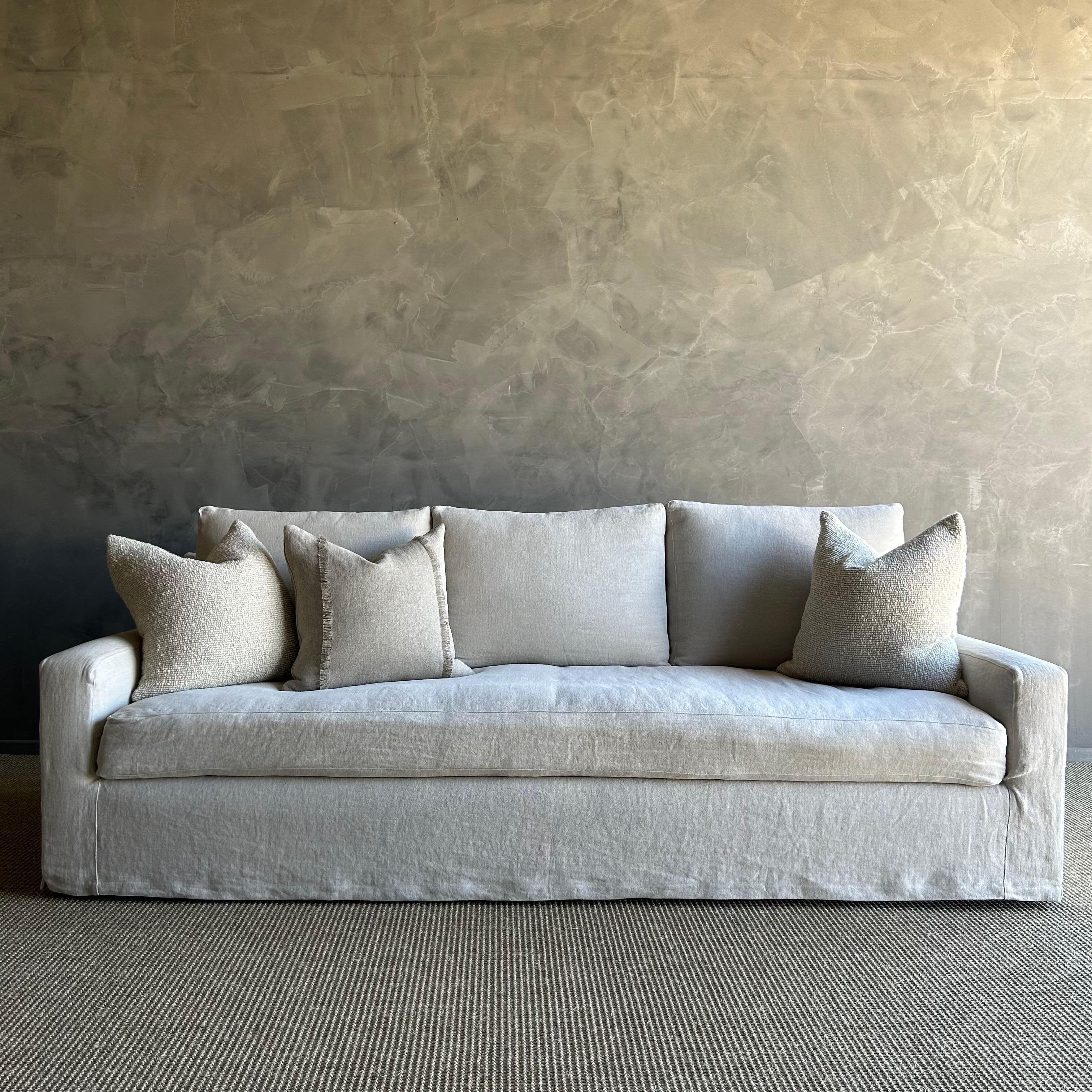 Belgian Greige Linen Slip Covered Square Arm Sofa with Down Cushions In Good Condition In Old Town Orange, CA
