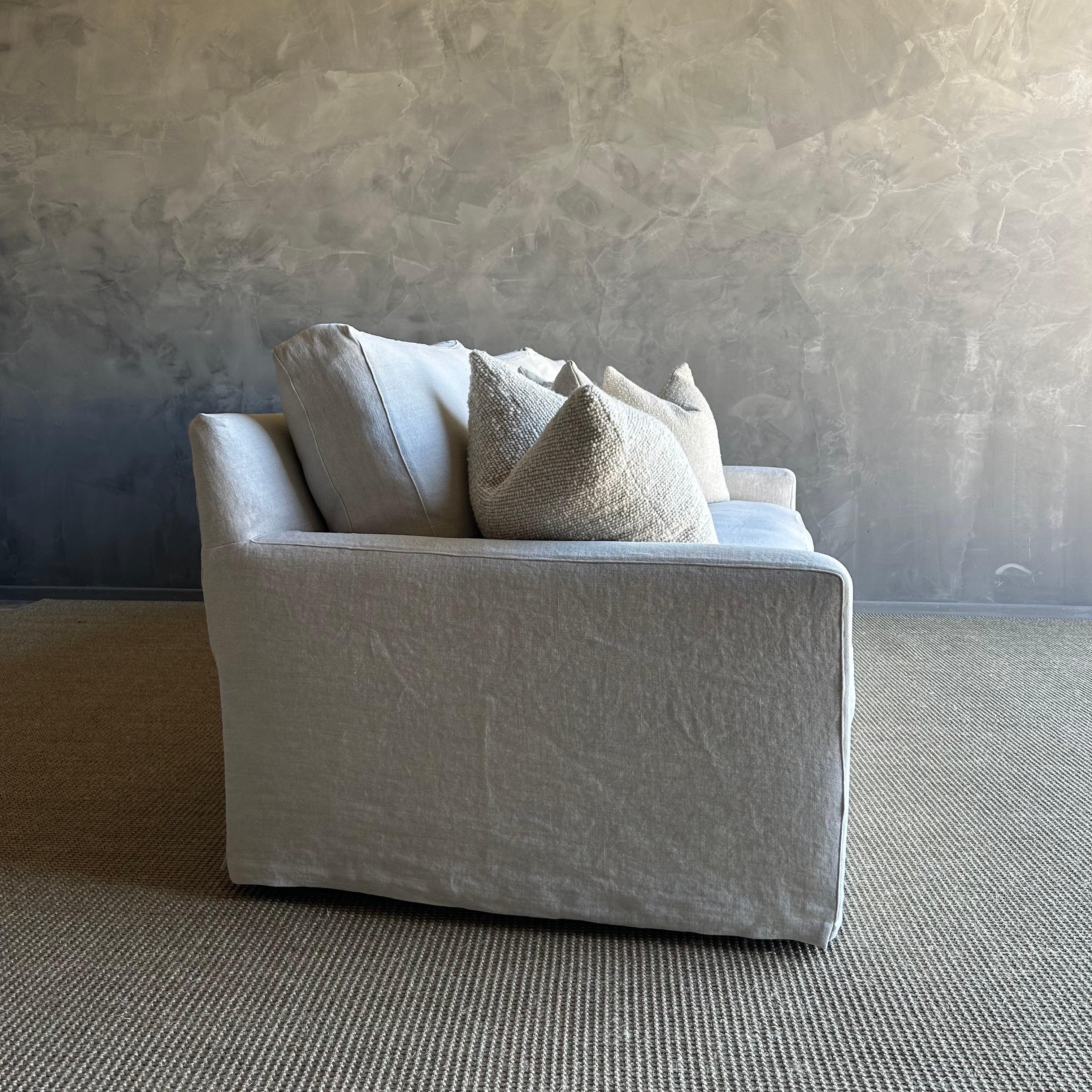 Contemporary Belgian Greige Linen Slip Covered Square Arm Sofa with Down Cushions