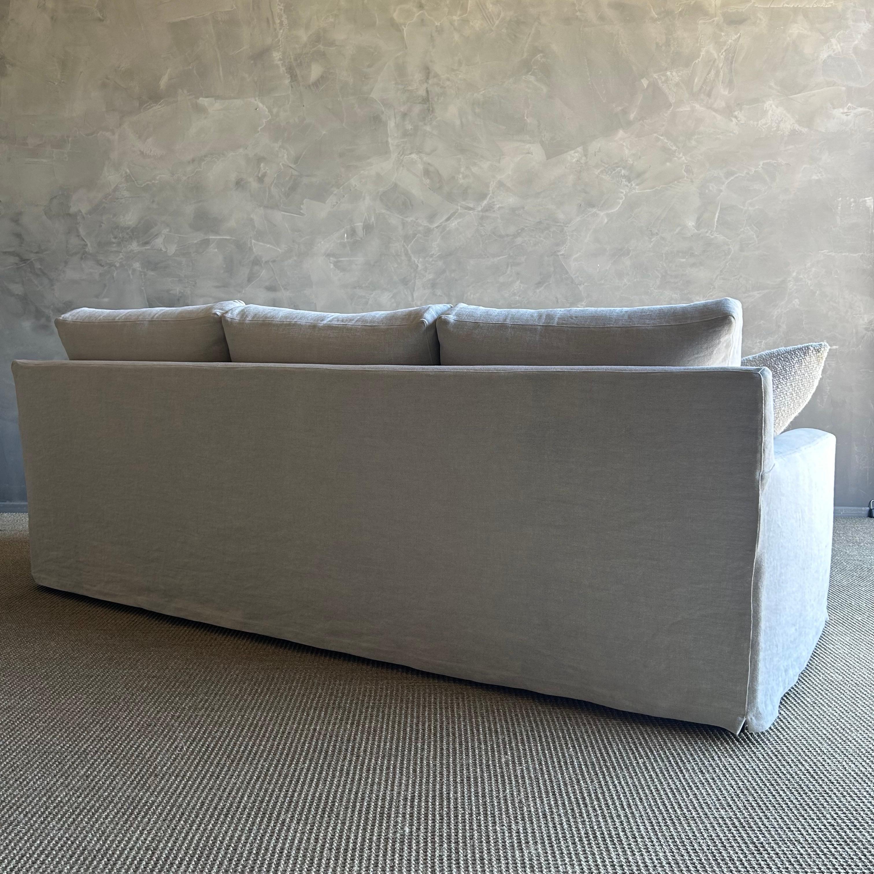 Belgian Greige Linen Slip Covered Square Arm Sofa with Down Cushions 1