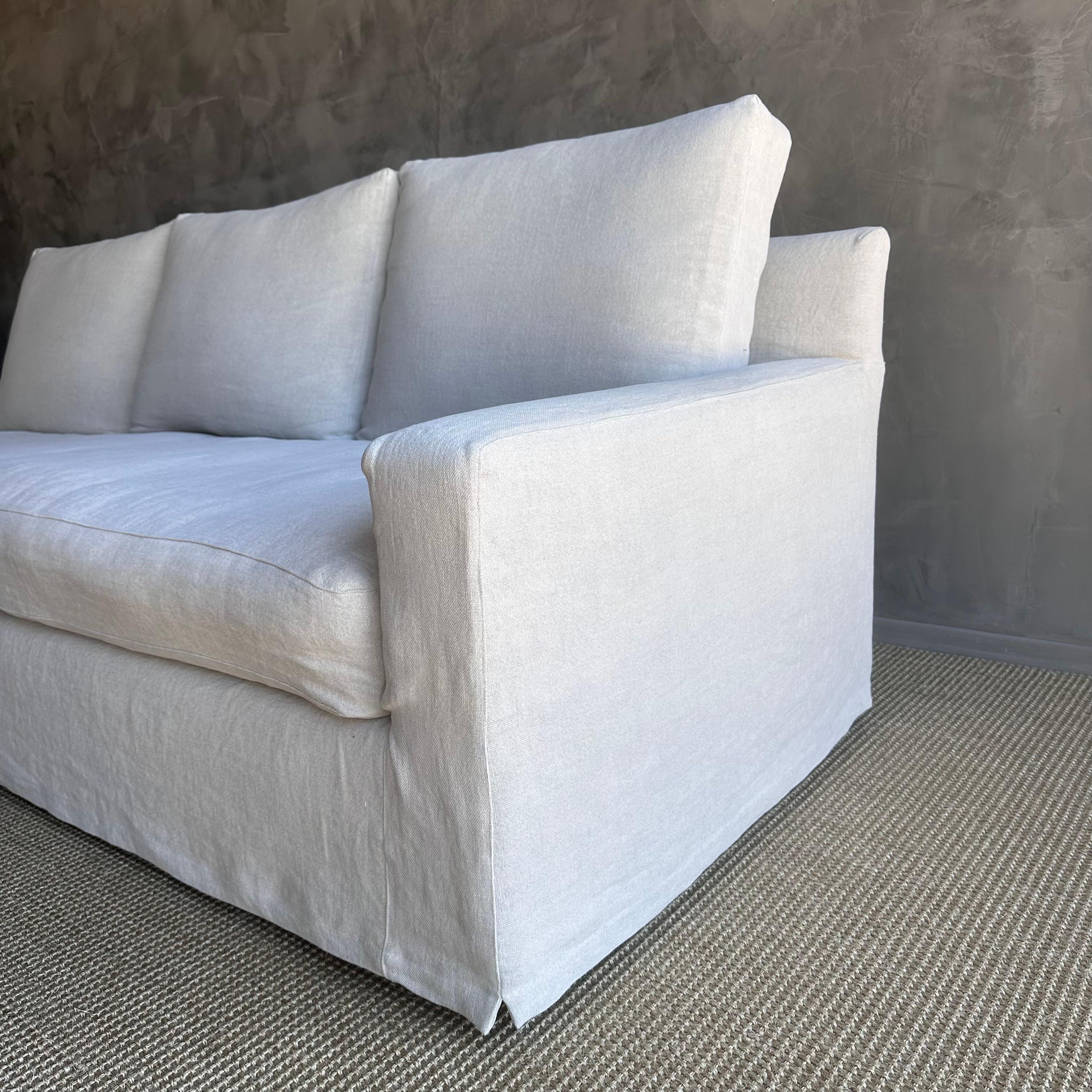 Belgian Greige Linen Slip Covered Square Arm Sofa with Down Cushions 2