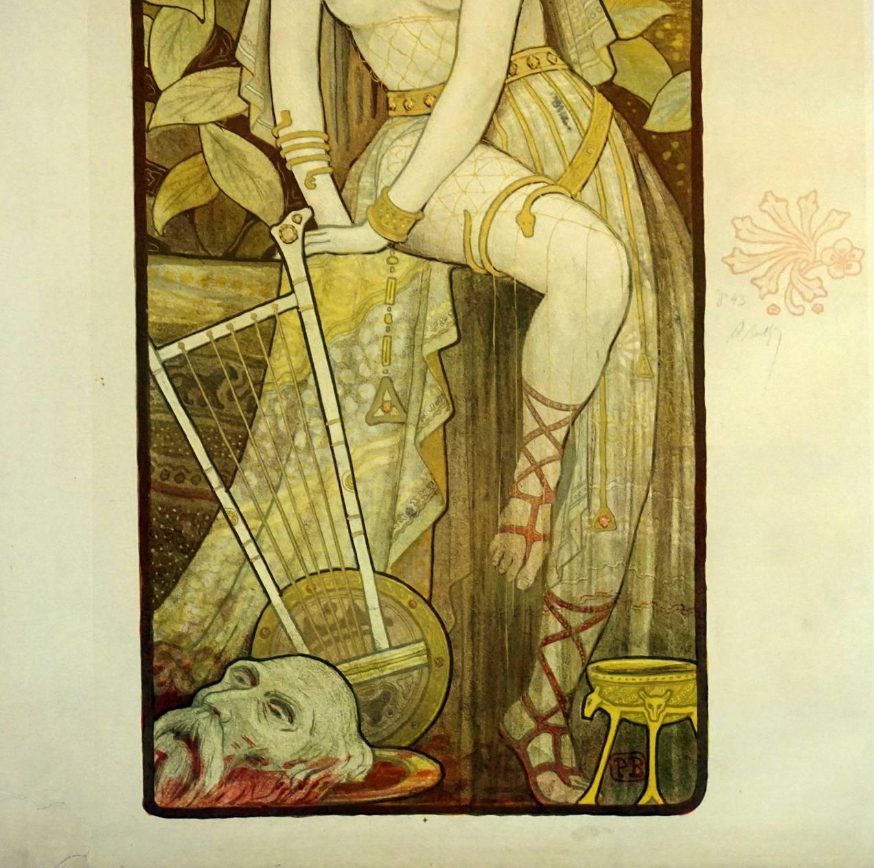 This is a very rare hand-signed Art Nouveau & Belle Époque Decorative Panel (limited edition) #43 by Paul Berthon in 1898. Pictured is a topless Salomé, with the head of John the Baptist in the bottom left corner. She’s sitting, wearing the