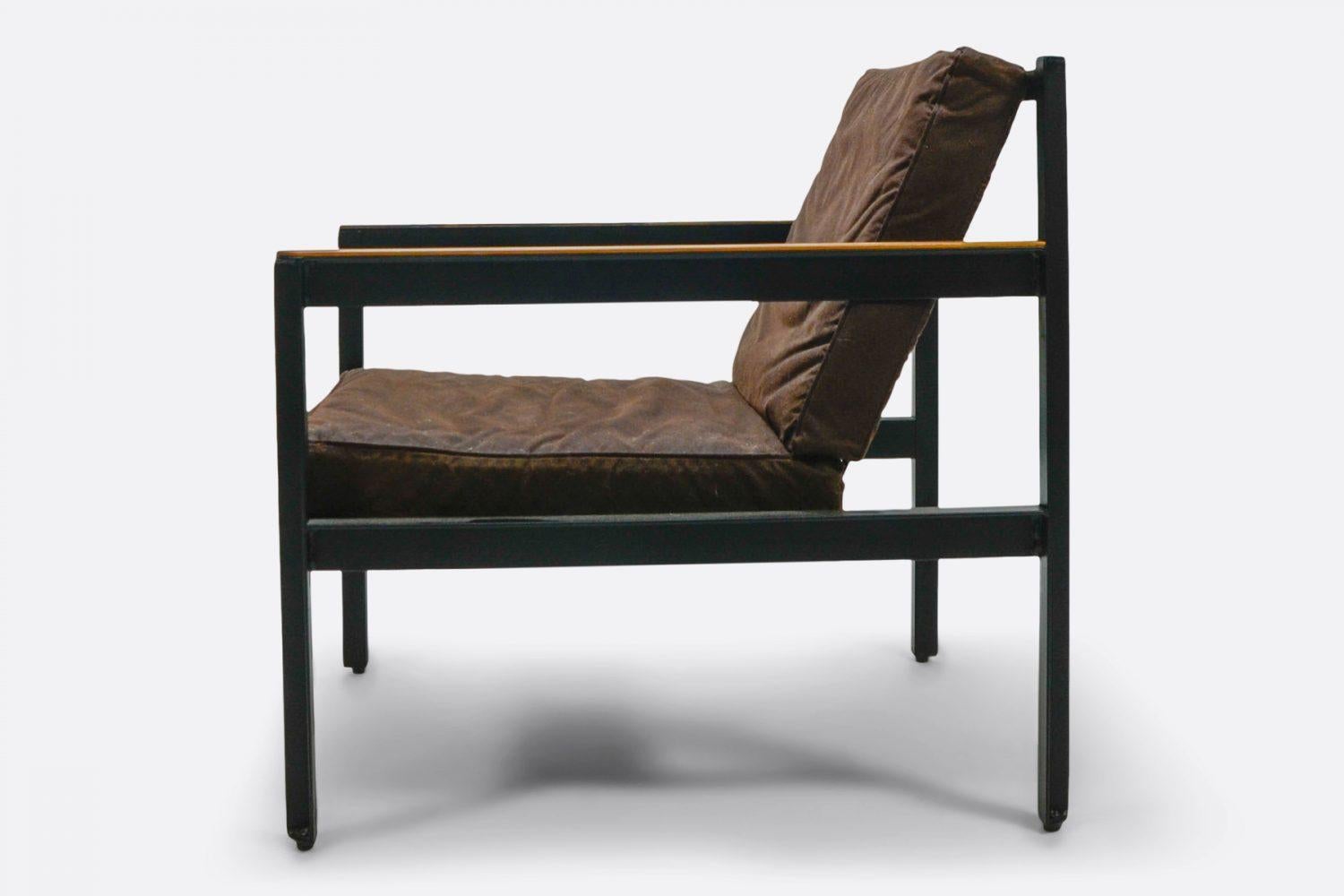 Sillón Cargo belga hecho a mano en lona encerada marrón oscuro Belga en venta
