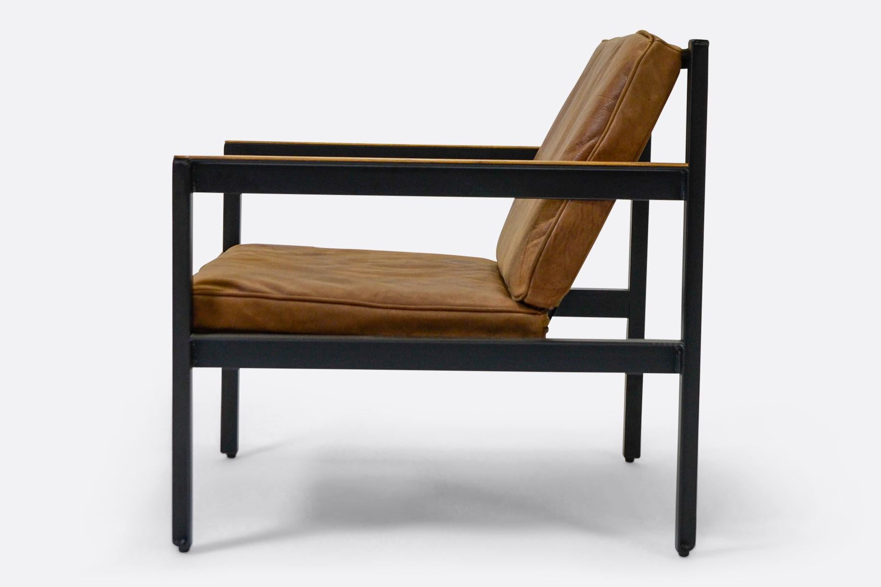 Minimalist Belgian Handmade Industrialist Armchair in Distressed Cognac Leather For Sale