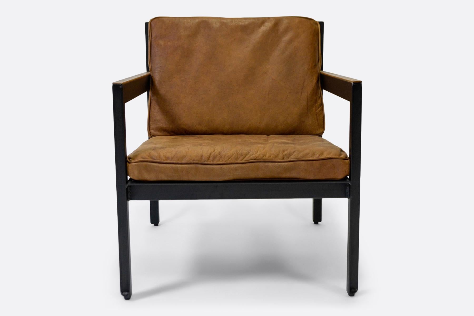 Blackened Belgian Handmade Industrialist Armchair in Distressed Cognac Leather For Sale