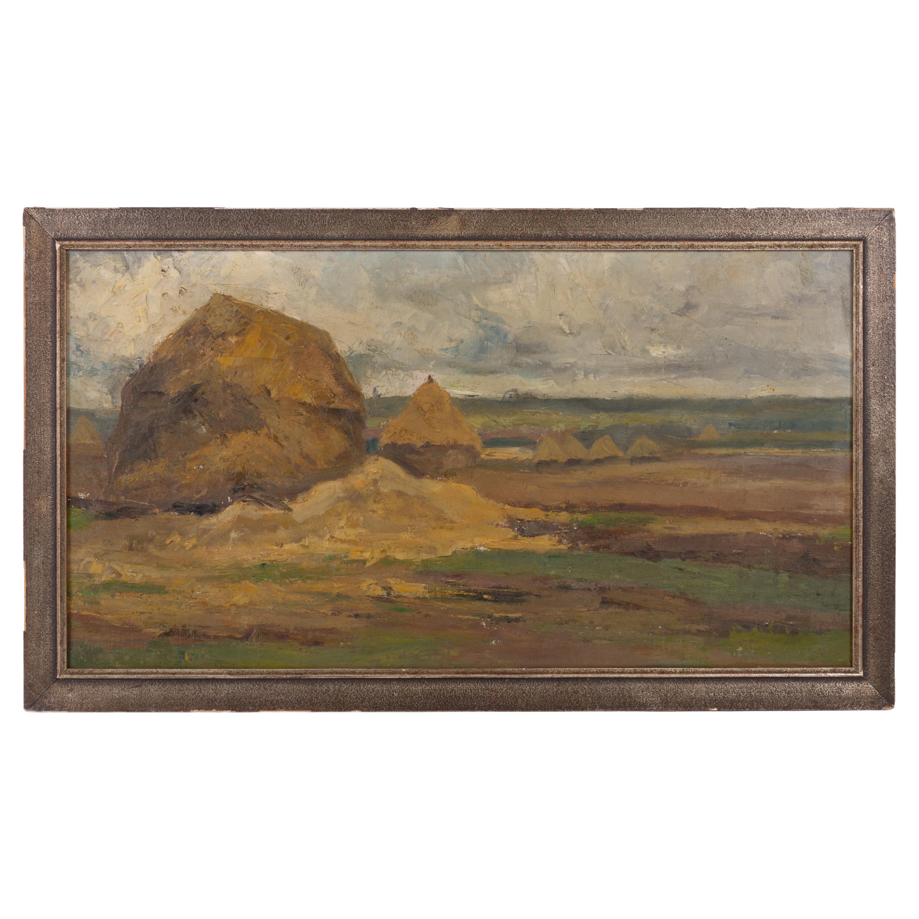 Belgian Haystacks Landscape Oil Painting Early 20th Century