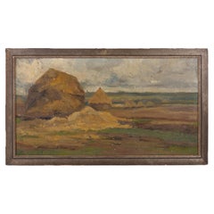 Belgian Haystacks Landscape Oil Painting Early 20th Century