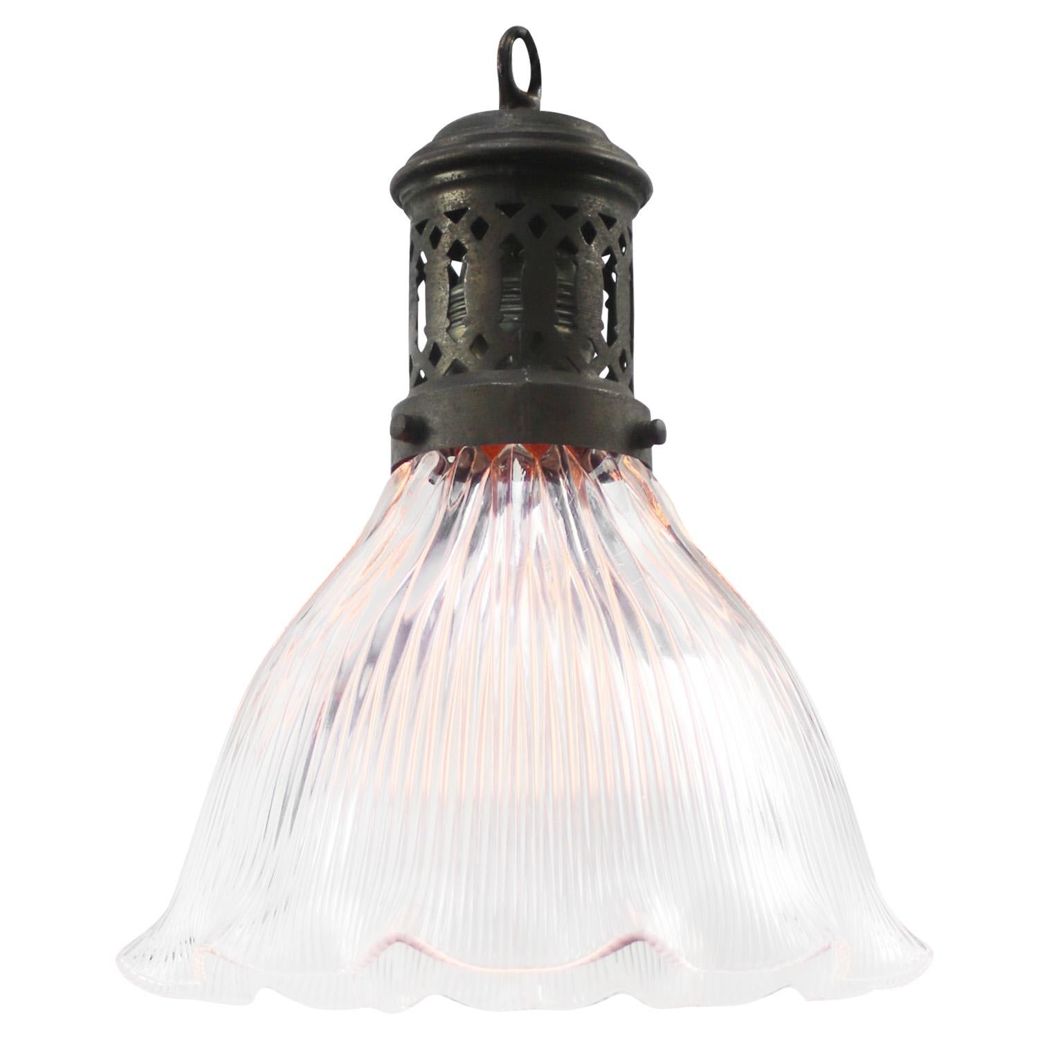 20th Century Belgian Holophane Glass Vintage Industrial Brass Top Pendant Lights For Sale