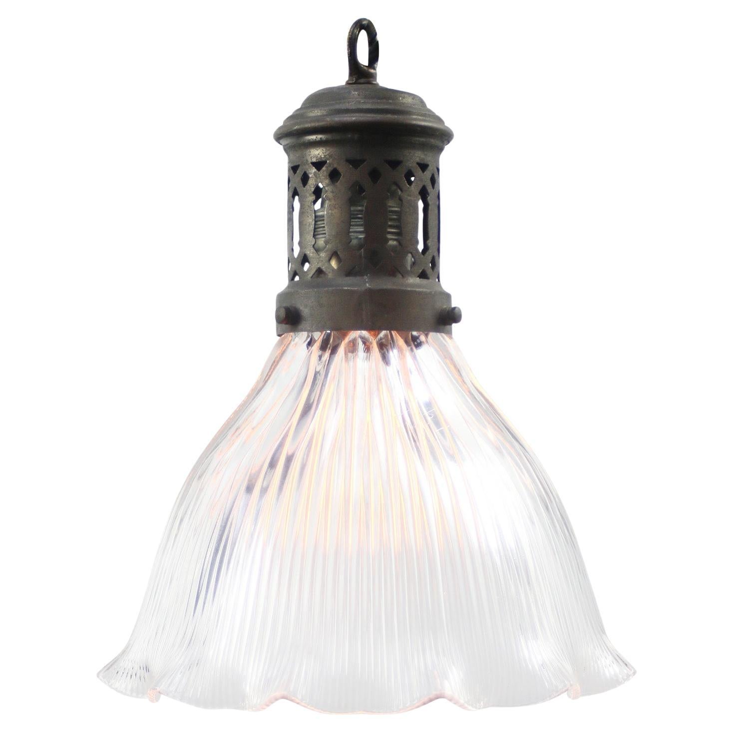 Belgian Holophane Glass Vintage Industrial Brass Top Pendant Lights For Sale