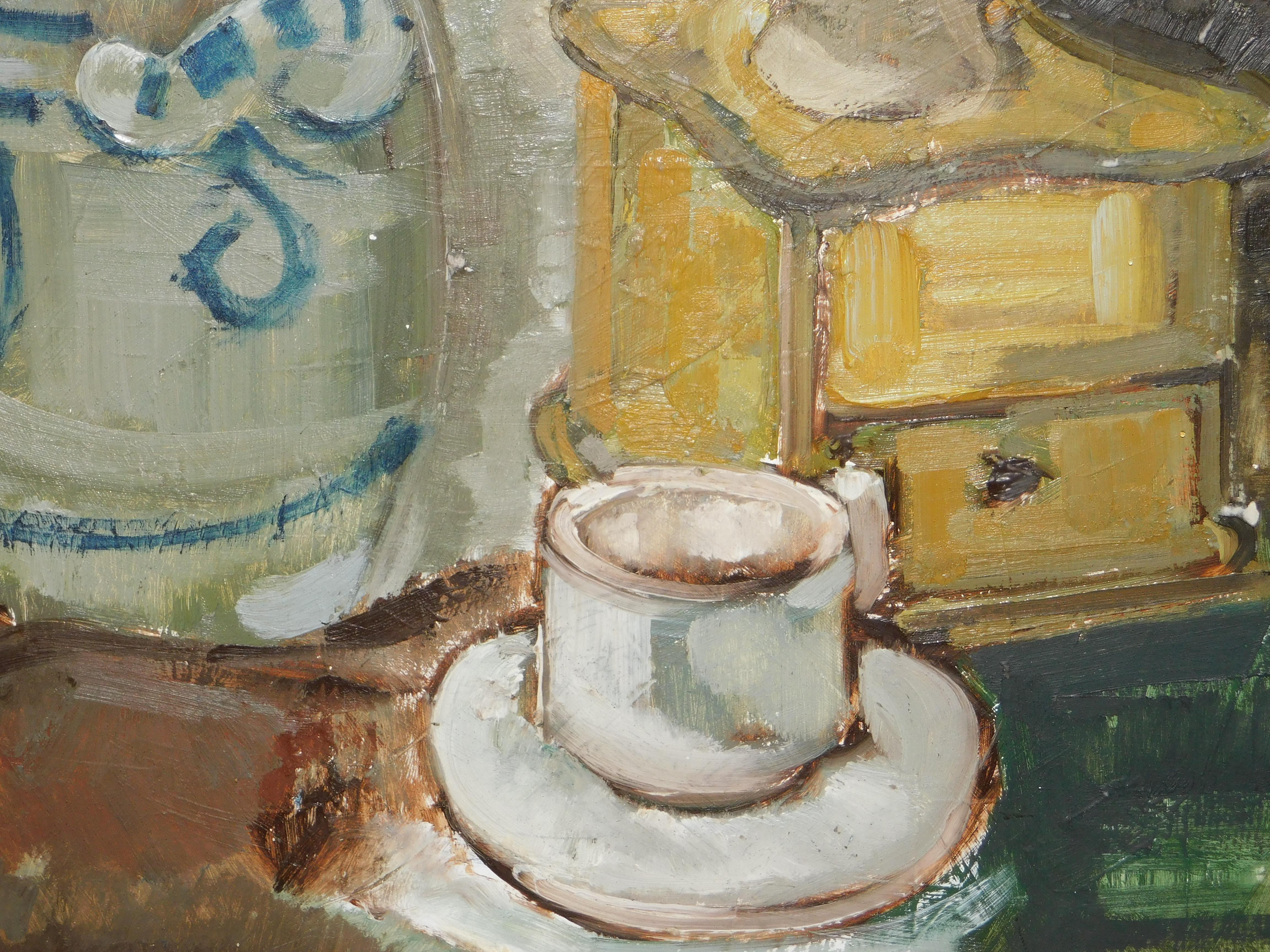 A still life painting of a very Belgian grouping of morning essentials ;coffee grinder, cup and ceramic jar that stores the coffee beans. Painted on board using the impasto painting technique incorporating thick layers of paint to achieve