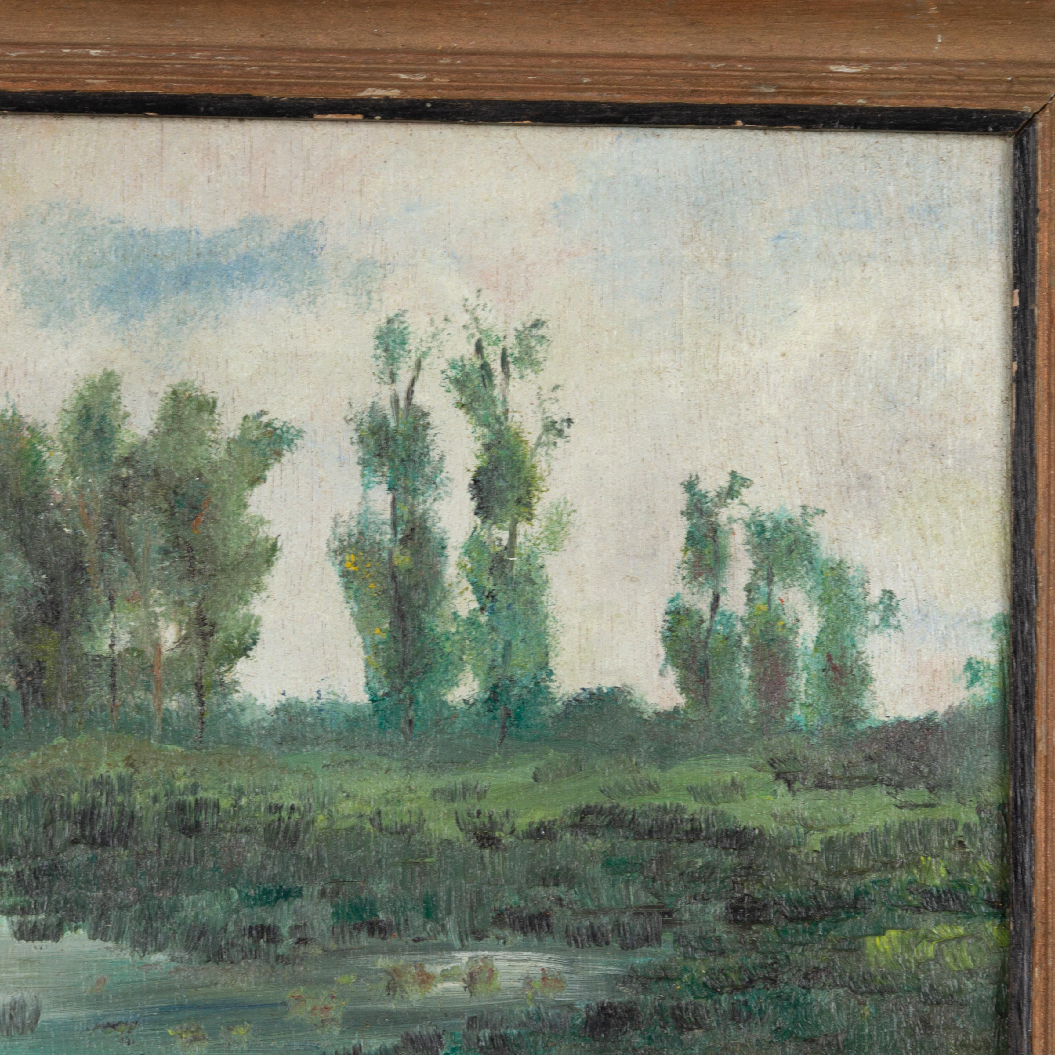 Pintura al óleo de un paisaje impresionista belga siglo XX en venta