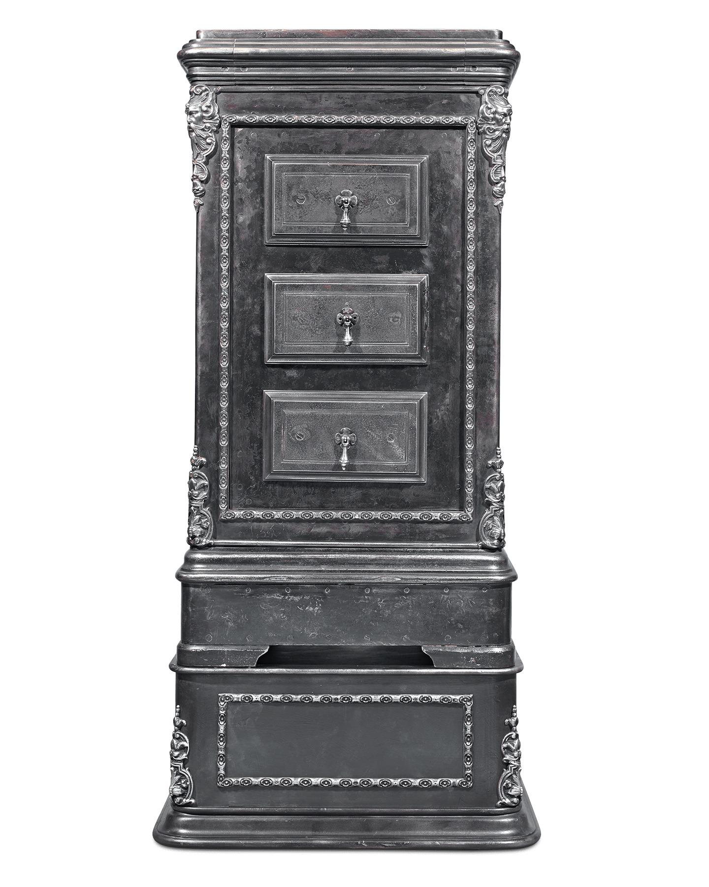 This Belgian cast-iron safe represents an important precursor to the modern combination lock. Crafted by the important makers L. Duvilers, the 19th century safe features a state-of-the-art hidden lock mechanism that is additionally secured by a