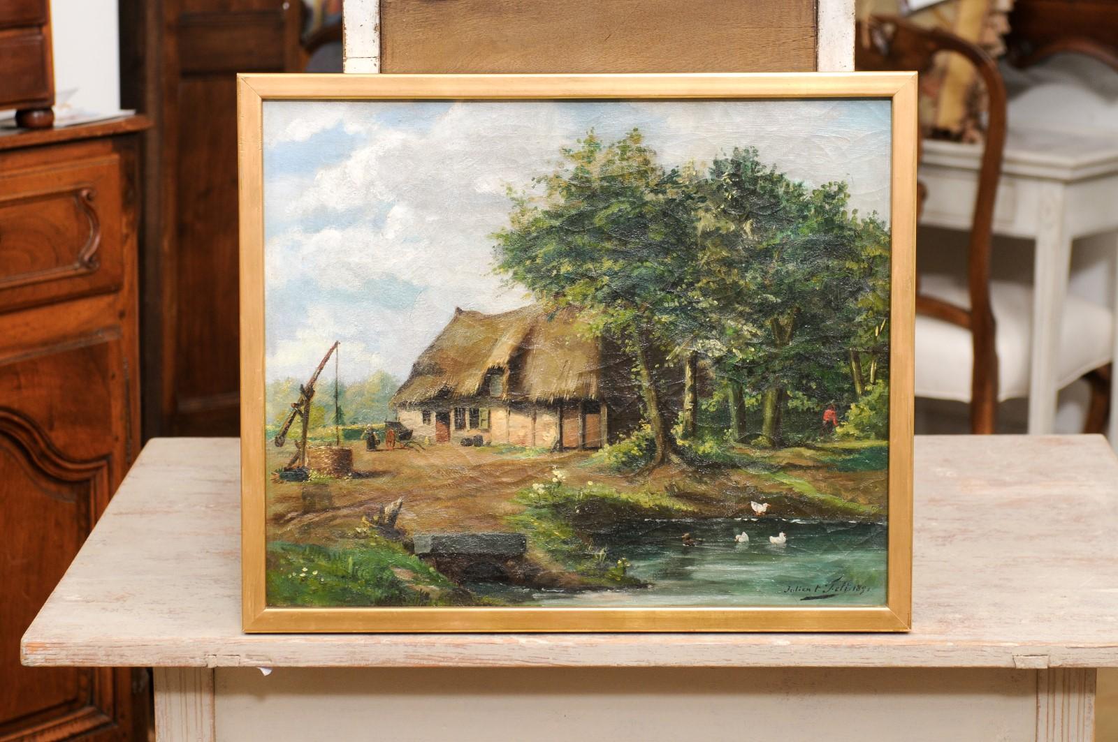 Belgian Julien T'felt 1890s Gilt Framed Oil Painting Depicting a Farmyard Scene For Sale 3