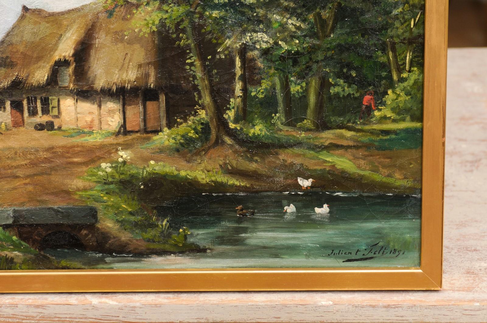 Belgian Julien T'felt 1890s Gilt Framed Oil Painting Depicting a Farmyard Scene For Sale 6