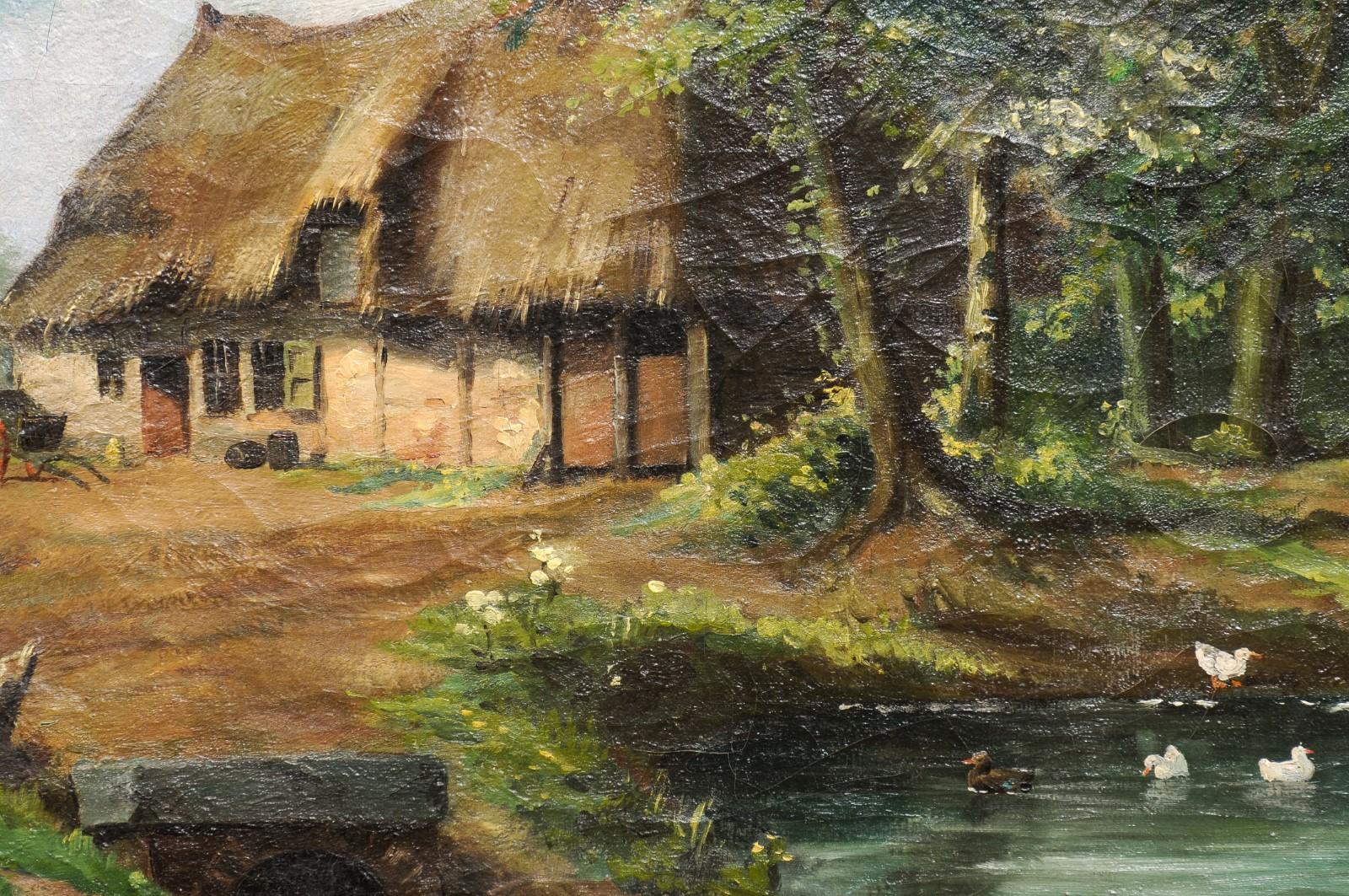 Hand-Painted Belgian Julien T'felt 1890s Gilt Framed Oil Painting Depicting a Farmyard Scene For Sale