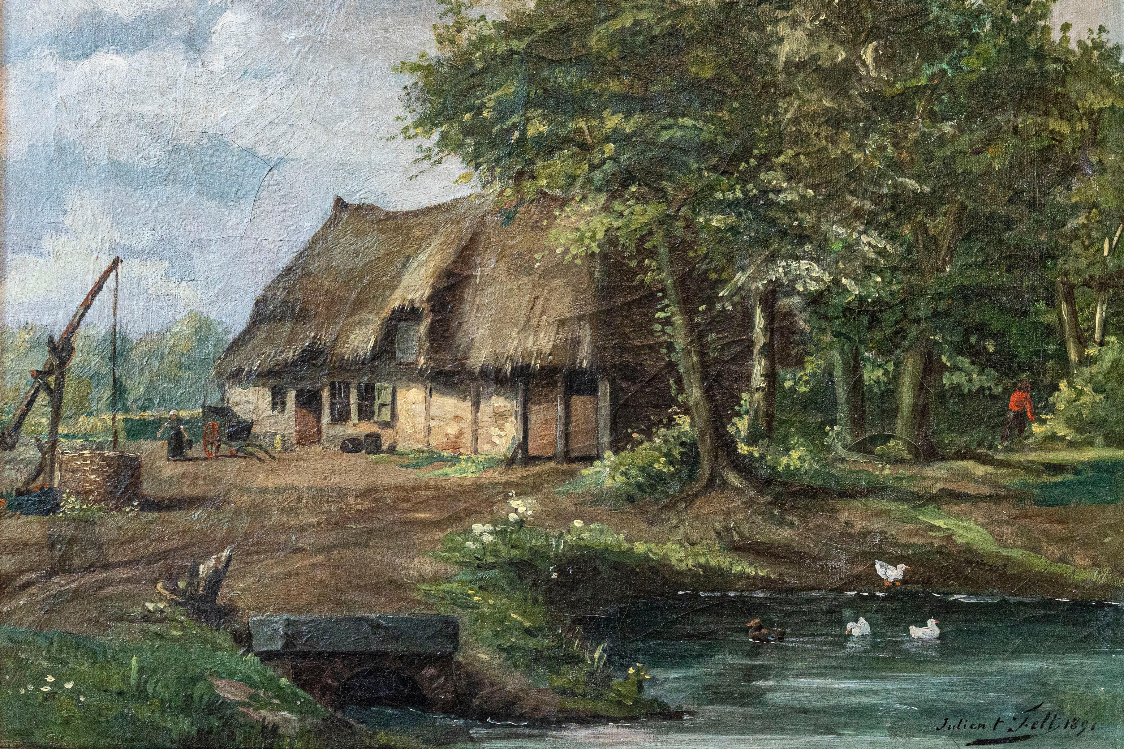 Belgian Julien T'felt 1890s Gilt Framed Oil Painting Depicting a Farmyard Scene In Good Condition For Sale In Atlanta, GA