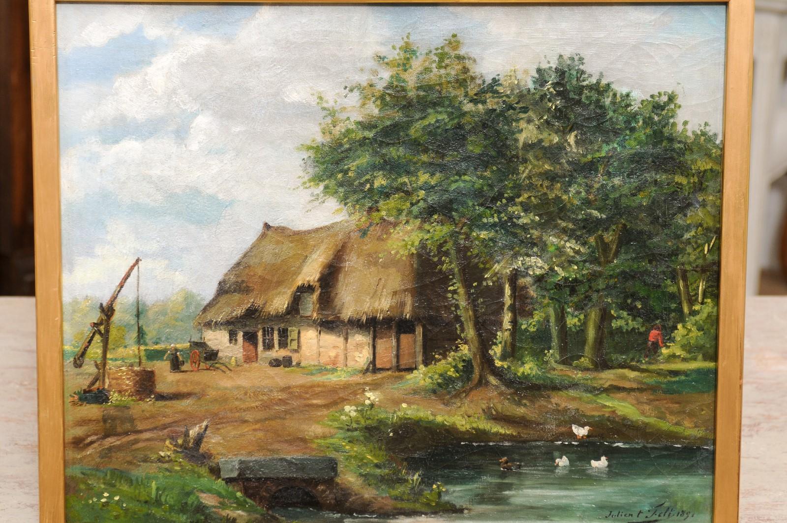 Belgian Julien T'felt 1890s Gilt Framed Oil Painting Depicting a Farmyard Scene In Good Condition For Sale In Atlanta, GA