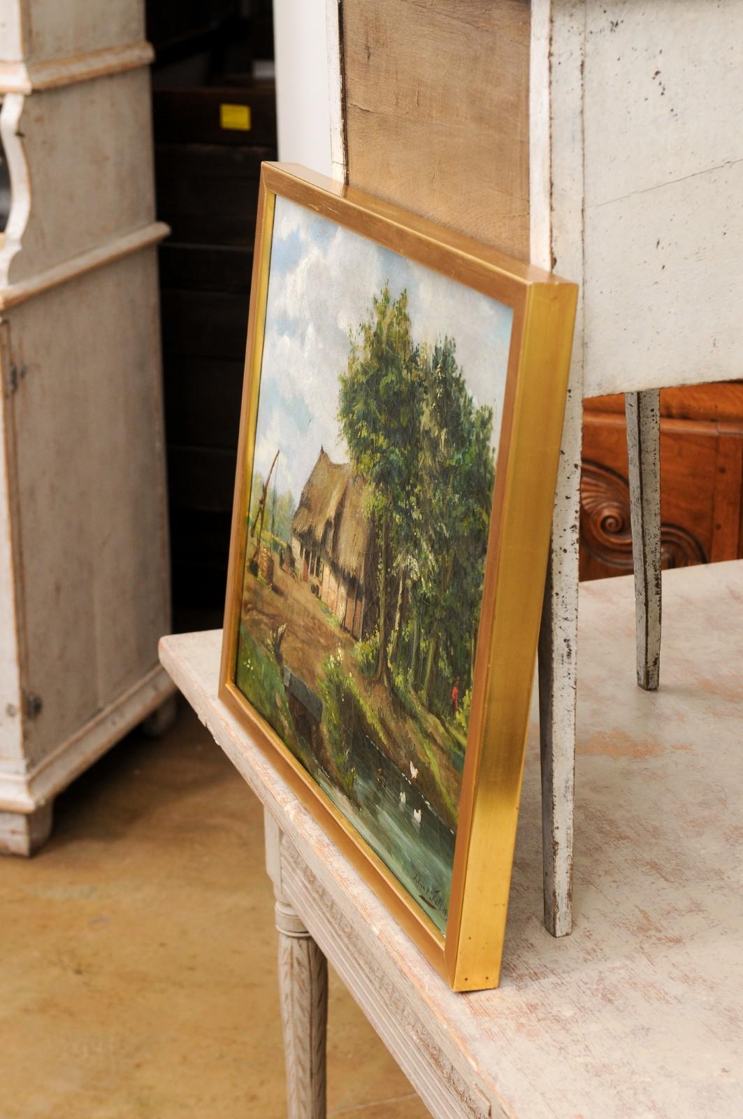 19th Century Belgian Julien T'felt 1890s Gilt Framed Oil Painting Depicting a Farmyard Scene For Sale
