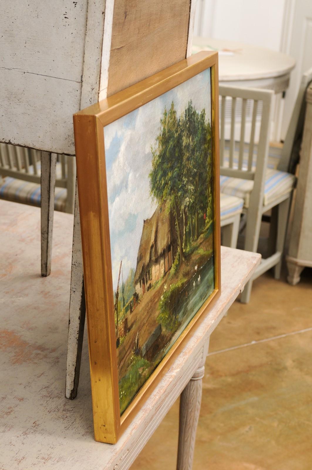 Canvas Belgian Julien T'felt 1890s Gilt Framed Oil Painting Depicting a Farmyard Scene For Sale