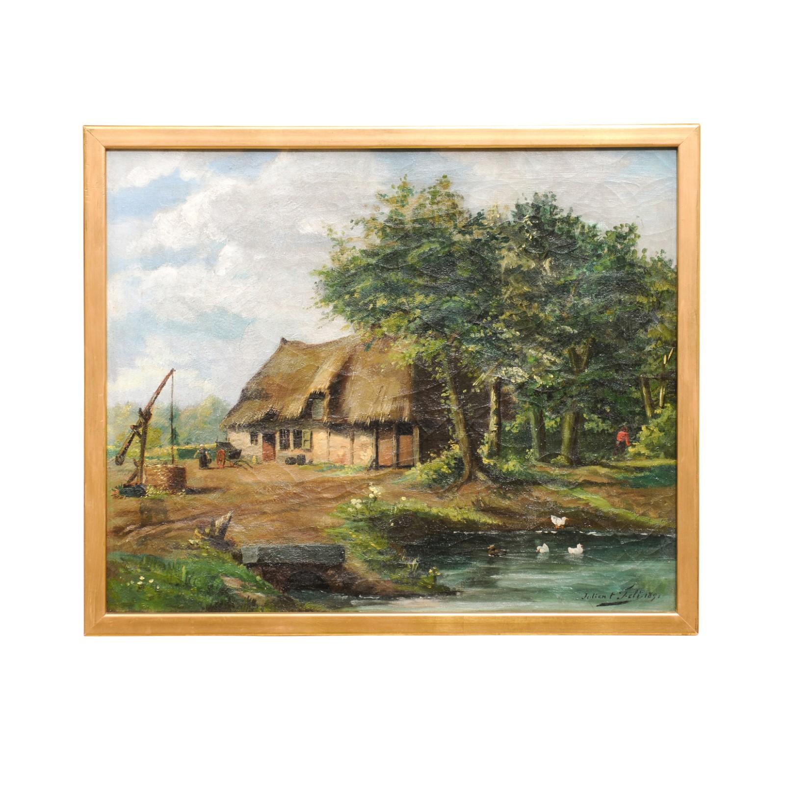 Belgian Julien T'felt 1890s Gilt Framed Oil Painting Depicting a Farmyard Scene For Sale 2