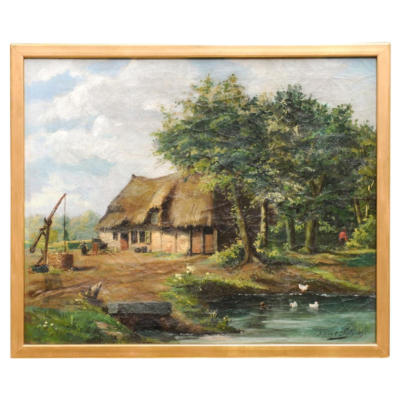Belgian Julien T'felt 1890s Gilt Framed Oil Painting Depicting a Farmyard Scene For Sale