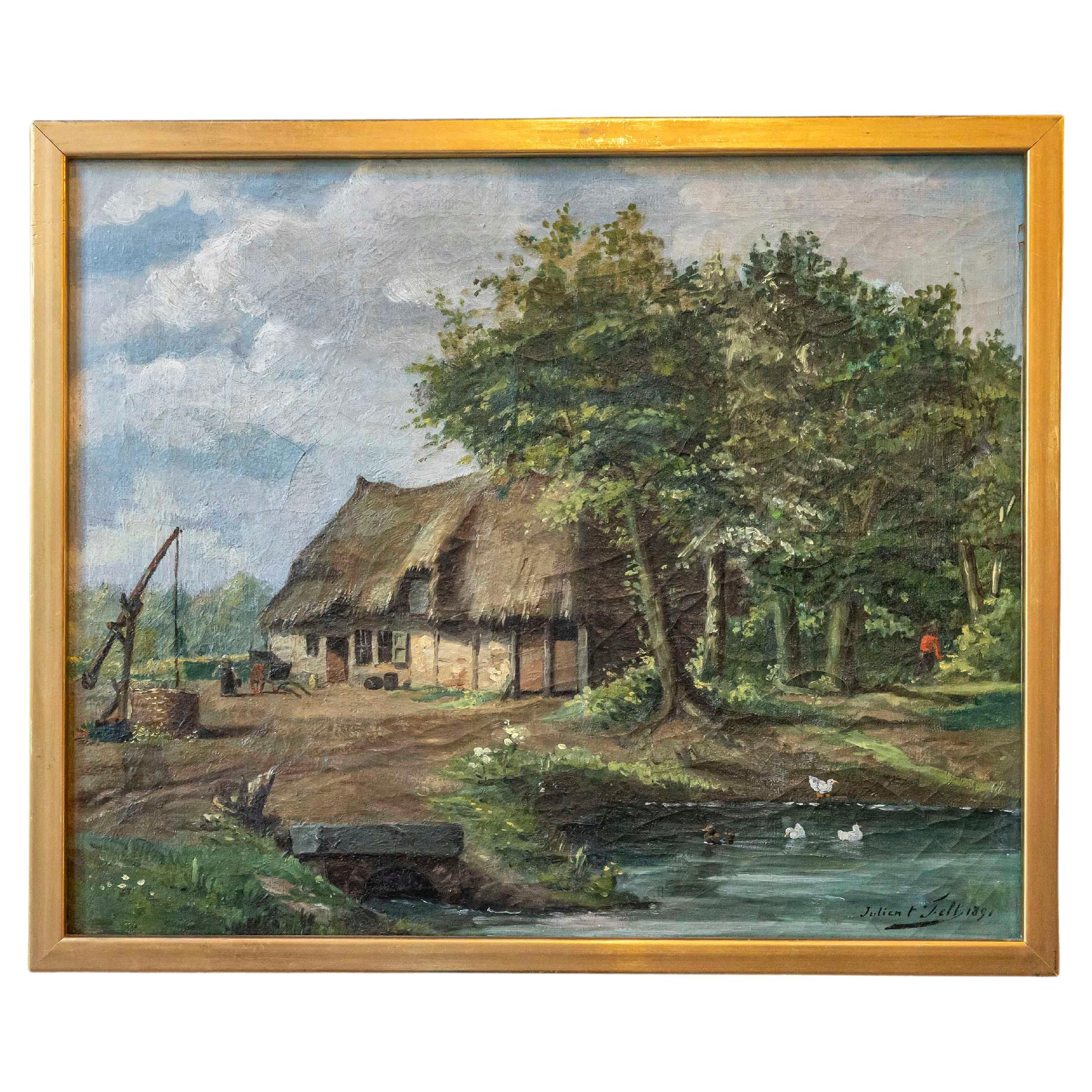 Belgian Julien T'felt 1890s Gilt Framed Oil Painting Depicting a Farmyard Scene