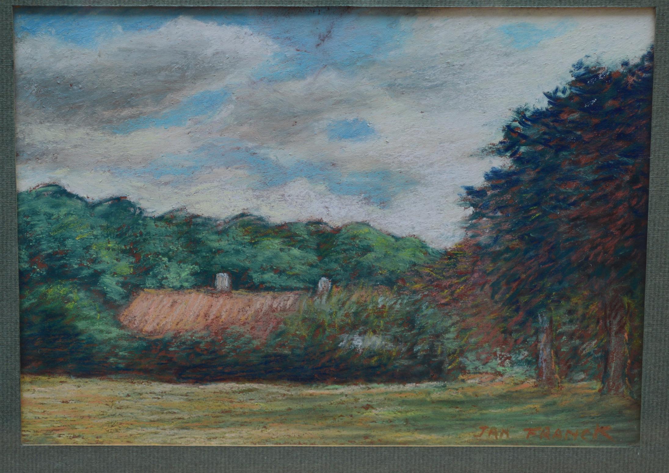 Impressionists style Belgian cottage landscape drawing in chalk by the known Belgian artist Jan Franck (b1929 -d2010)Born in Brugges in 1929 ,Franck studied at the Academie of fine Art under Willem Van Aerden. Franck is not only known for his chalk