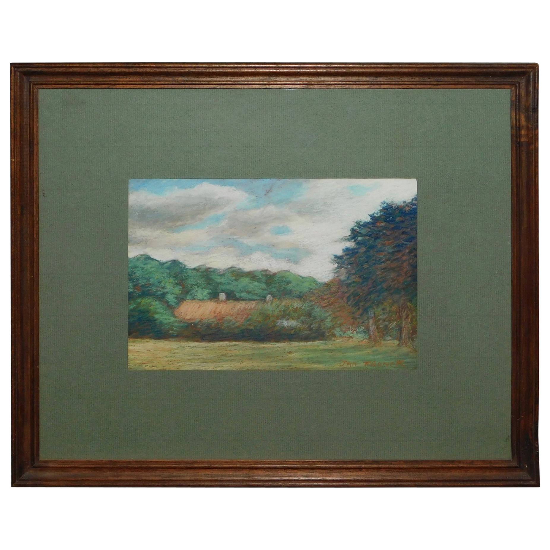 Belgian Land Scape Chalk Drawing by Jan Franck, circa 1950 For Sale