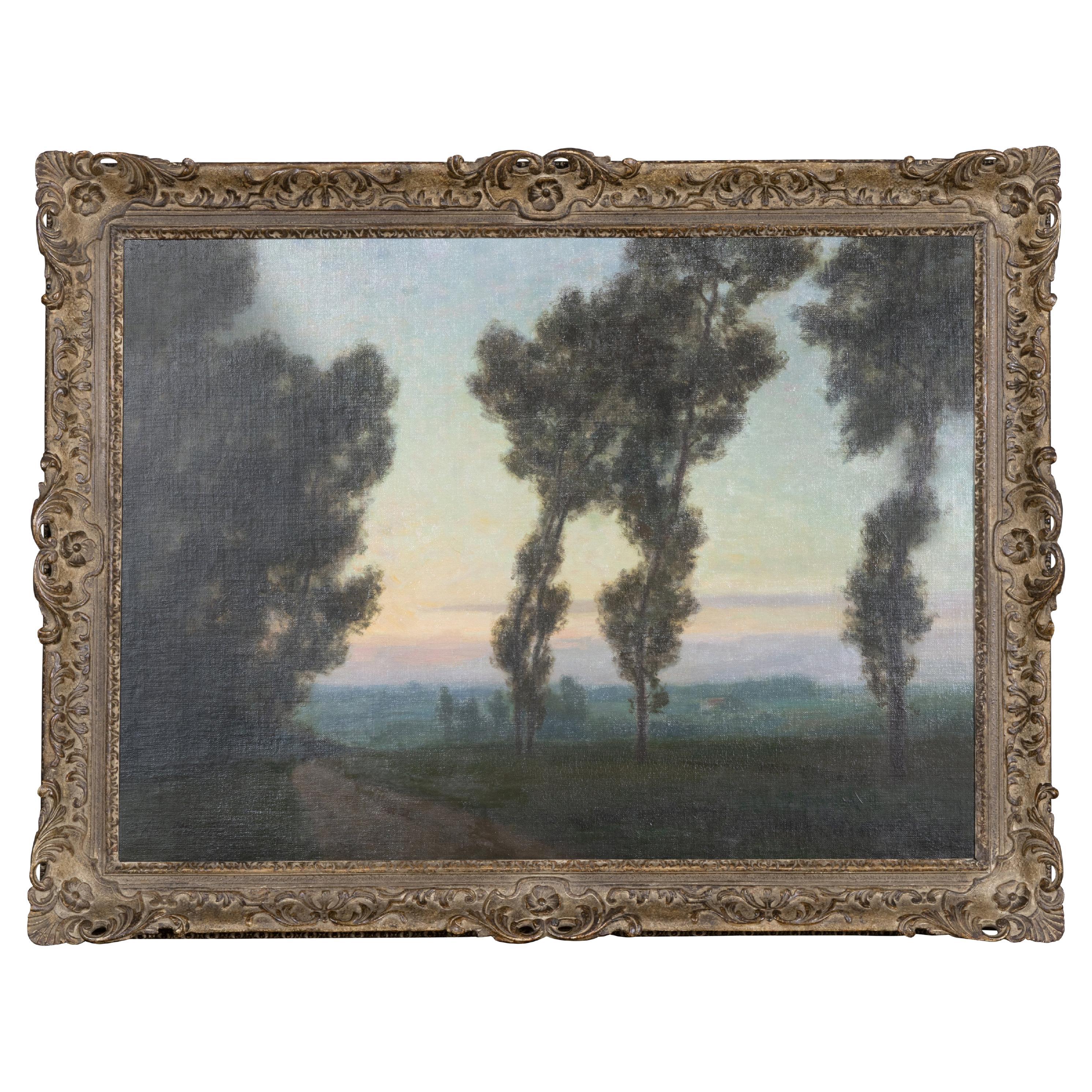 Peinture à l'huile de paysage belge signée P. Aattucci, intitulée "Soir"
